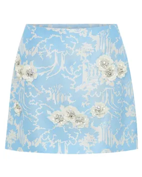 Sky Blue Toile Embellished Garden Mini Skirt