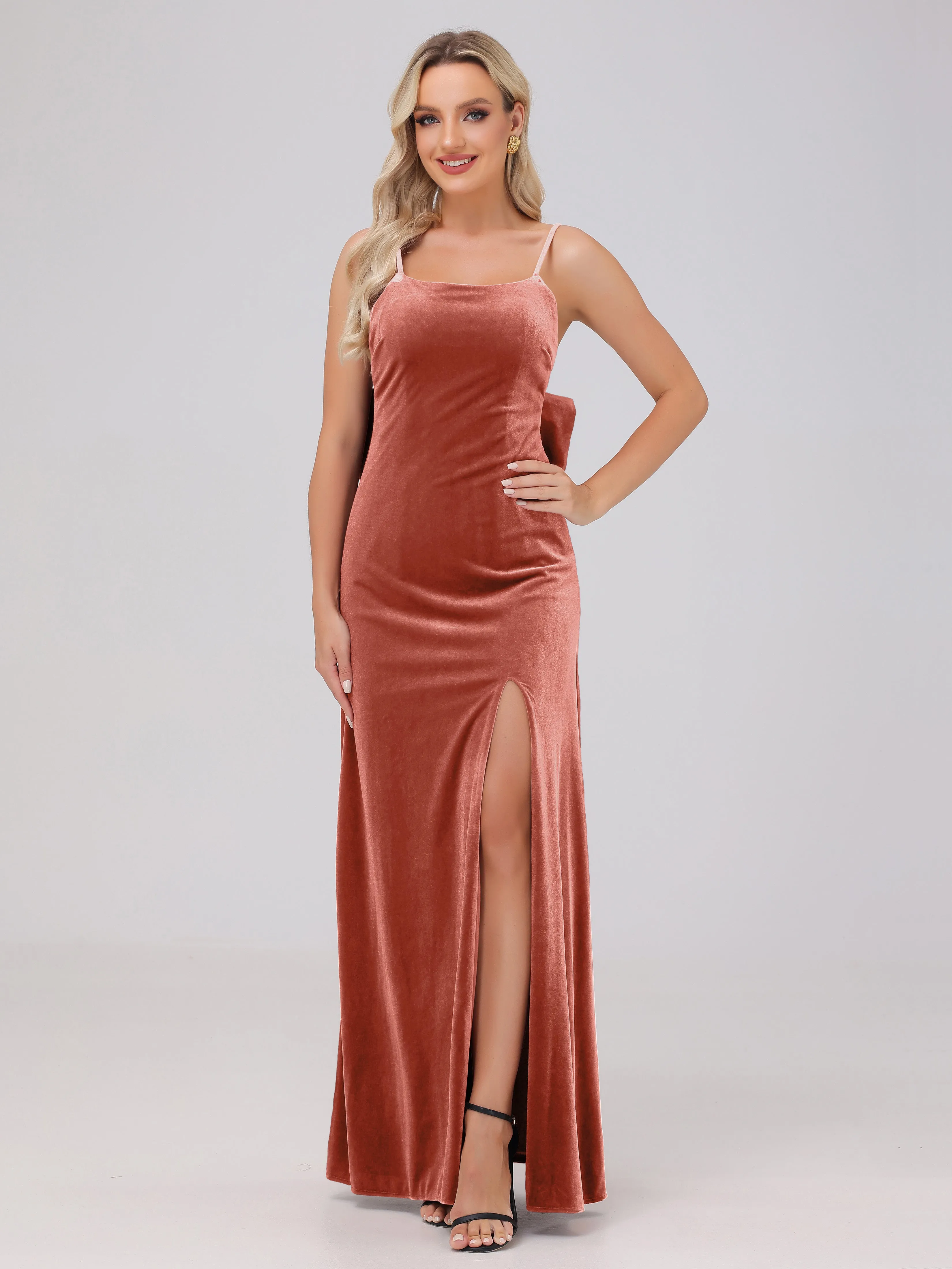 Spaghetti Straps Sleeveless Long Velvet Bridesmaid Dresses With Split