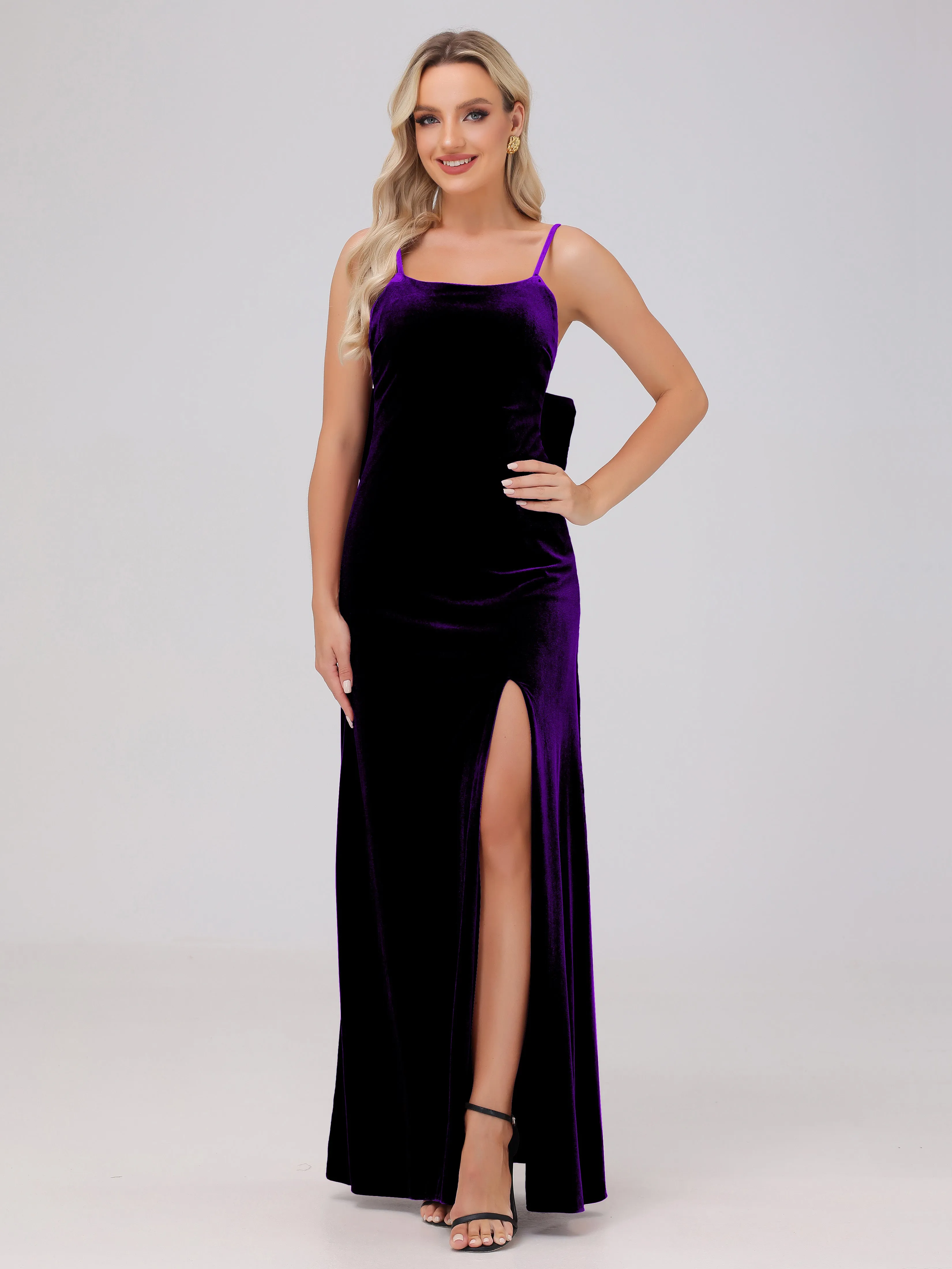 Spaghetti Straps Sleeveless Long Velvet Bridesmaid Dresses With Split