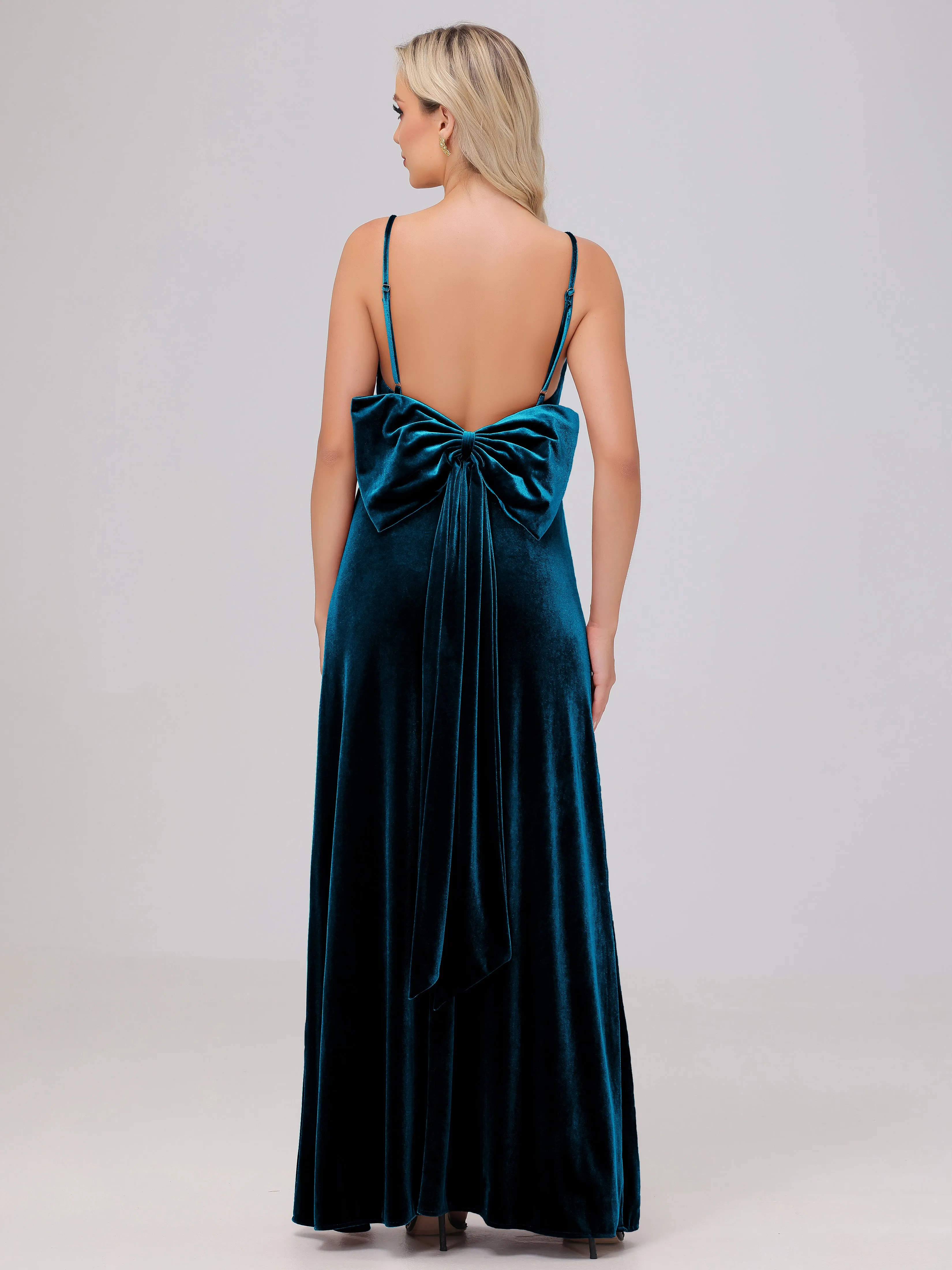 Spaghetti Straps Sleeveless Long Velvet Bridesmaid Dresses With Split