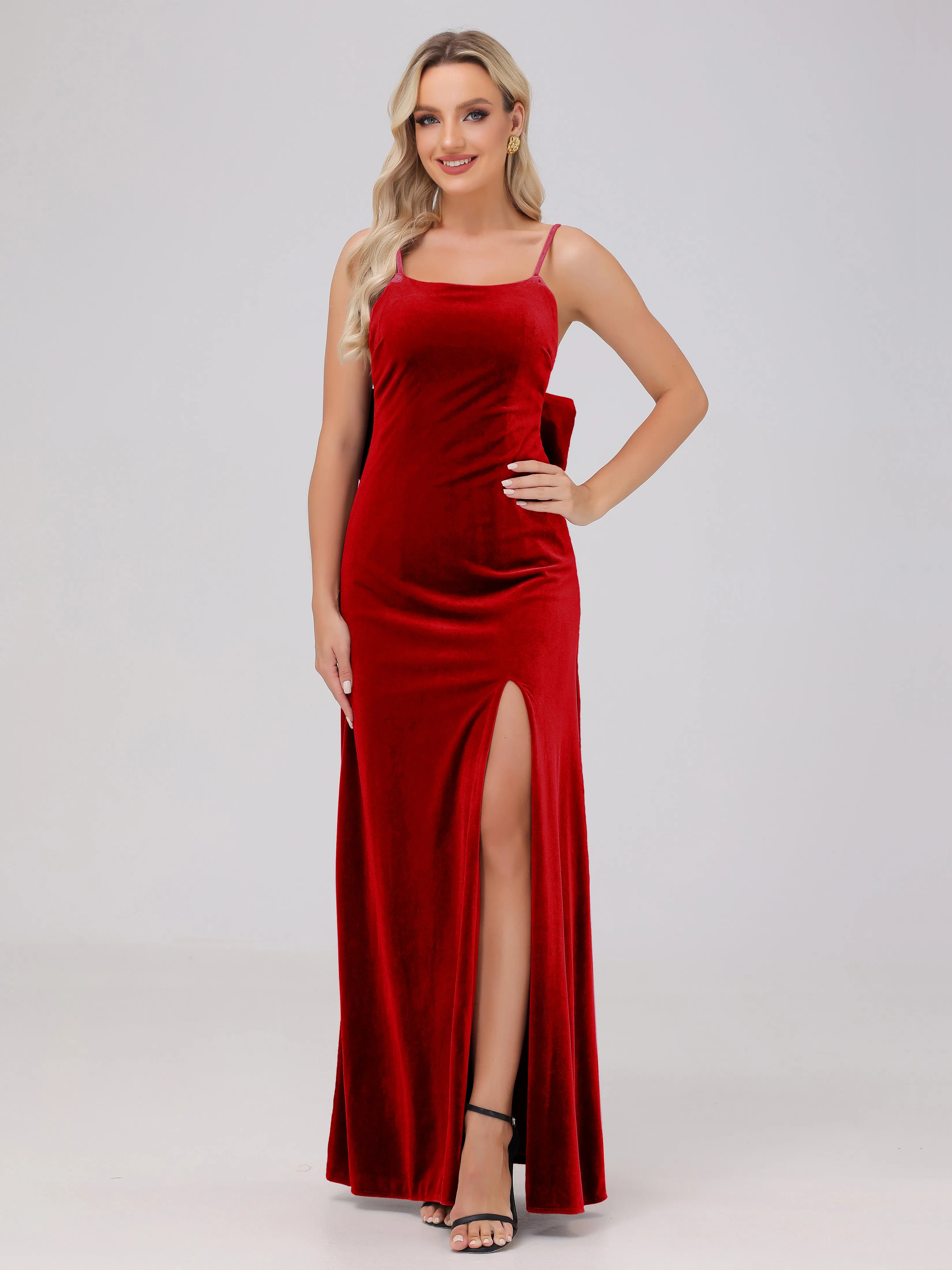 Spaghetti Straps Sleeveless Long Velvet Bridesmaid Dresses With Split