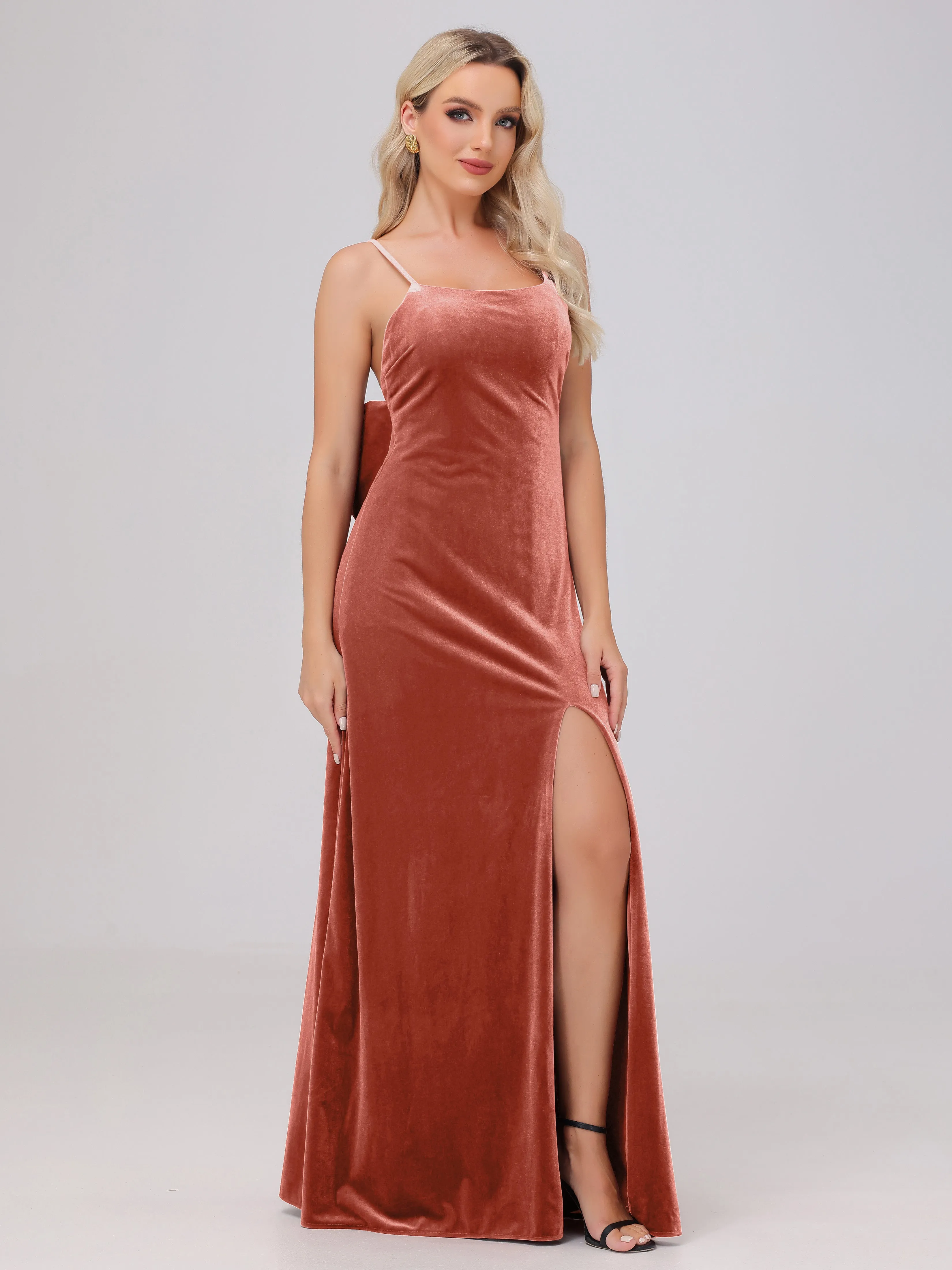 Spaghetti Straps Sleeveless Long Velvet Bridesmaid Dresses With Split