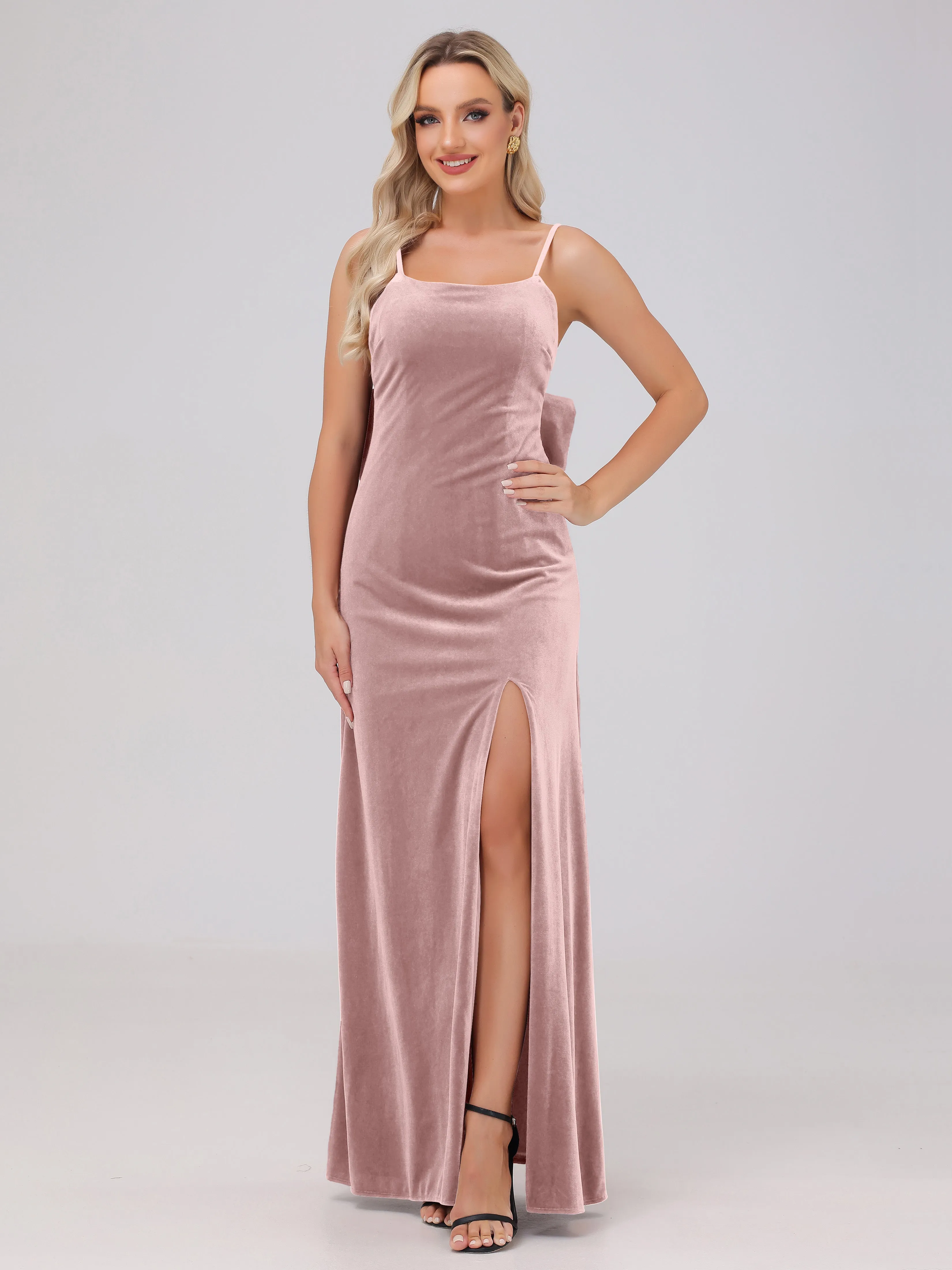 Spaghetti Straps Sleeveless Long Velvet Bridesmaid Dresses With Split