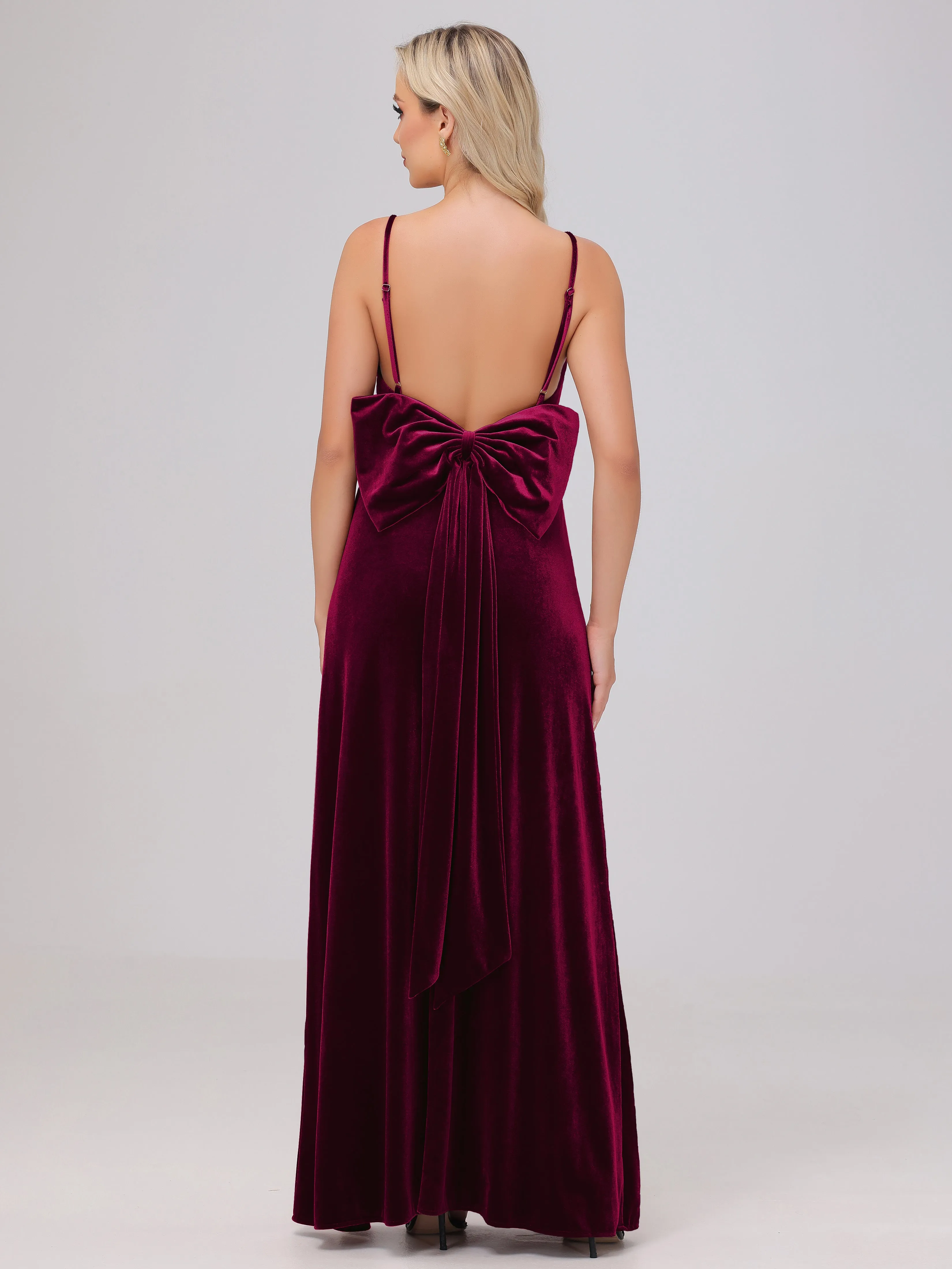 Spaghetti Straps Sleeveless Long Velvet Bridesmaid Dresses With Split