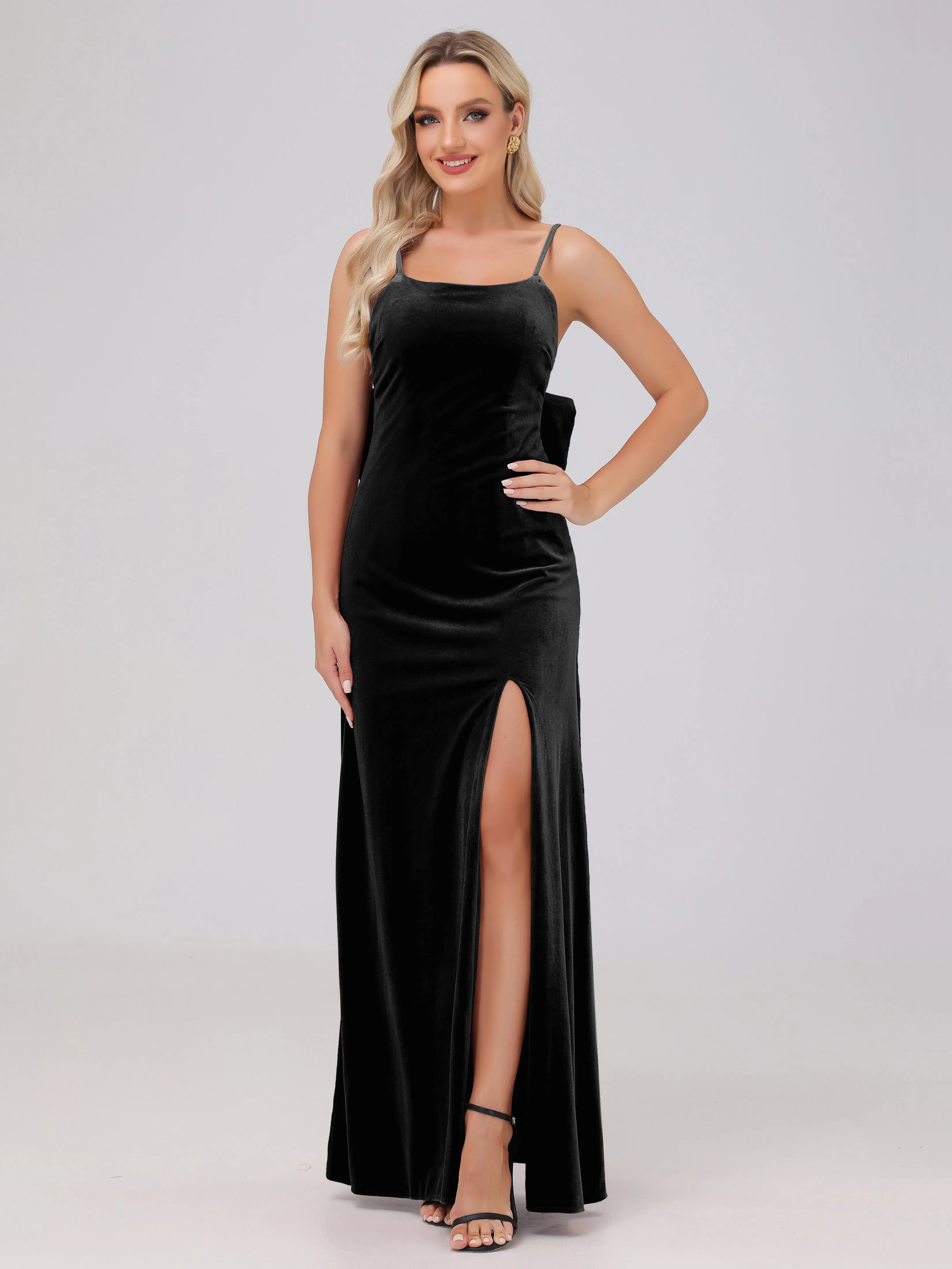 Spaghetti Straps Sleeveless Long Velvet Bridesmaid Dresses With Split