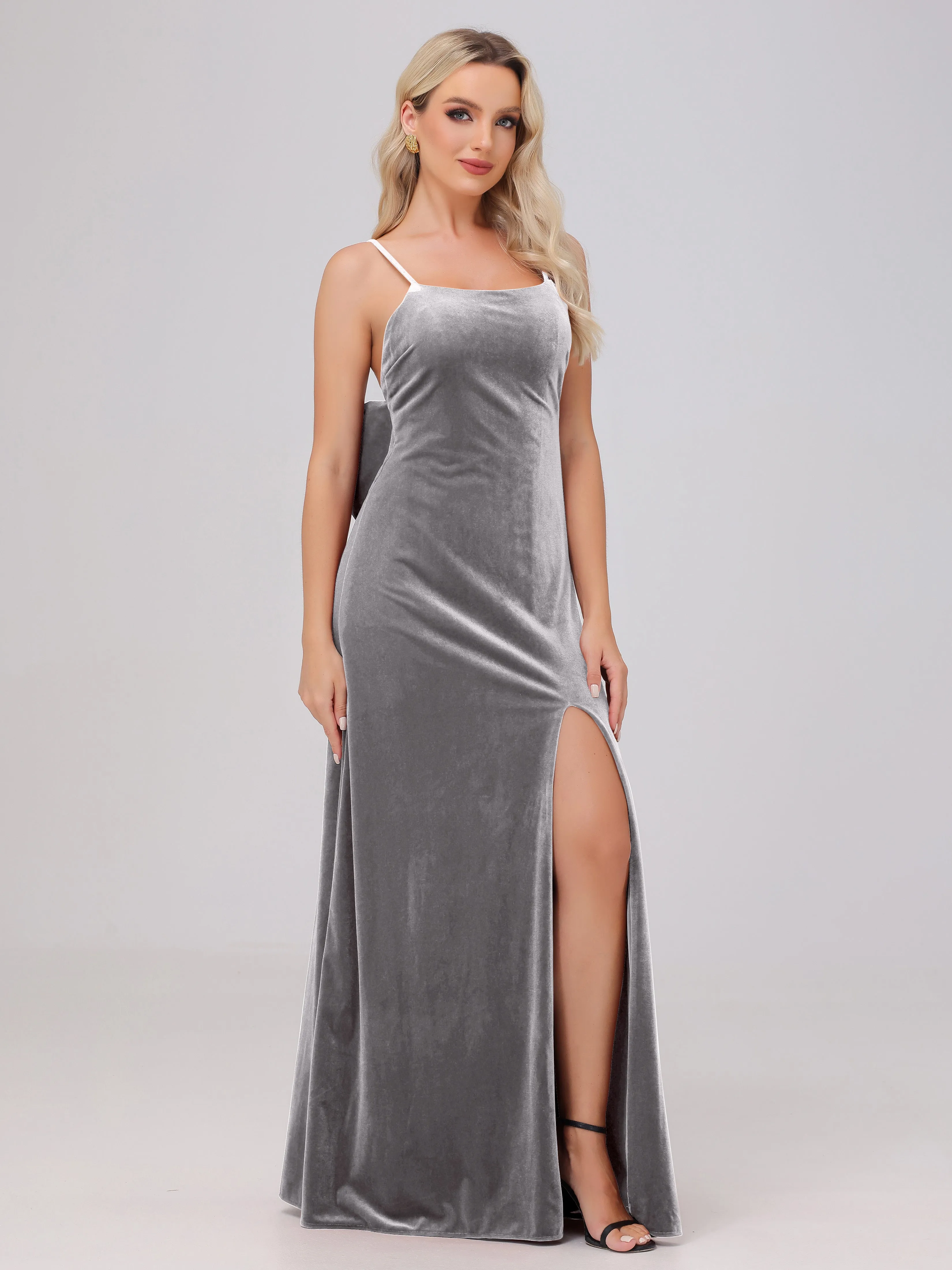 Spaghetti Straps Sleeveless Long Velvet Bridesmaid Dresses With Split