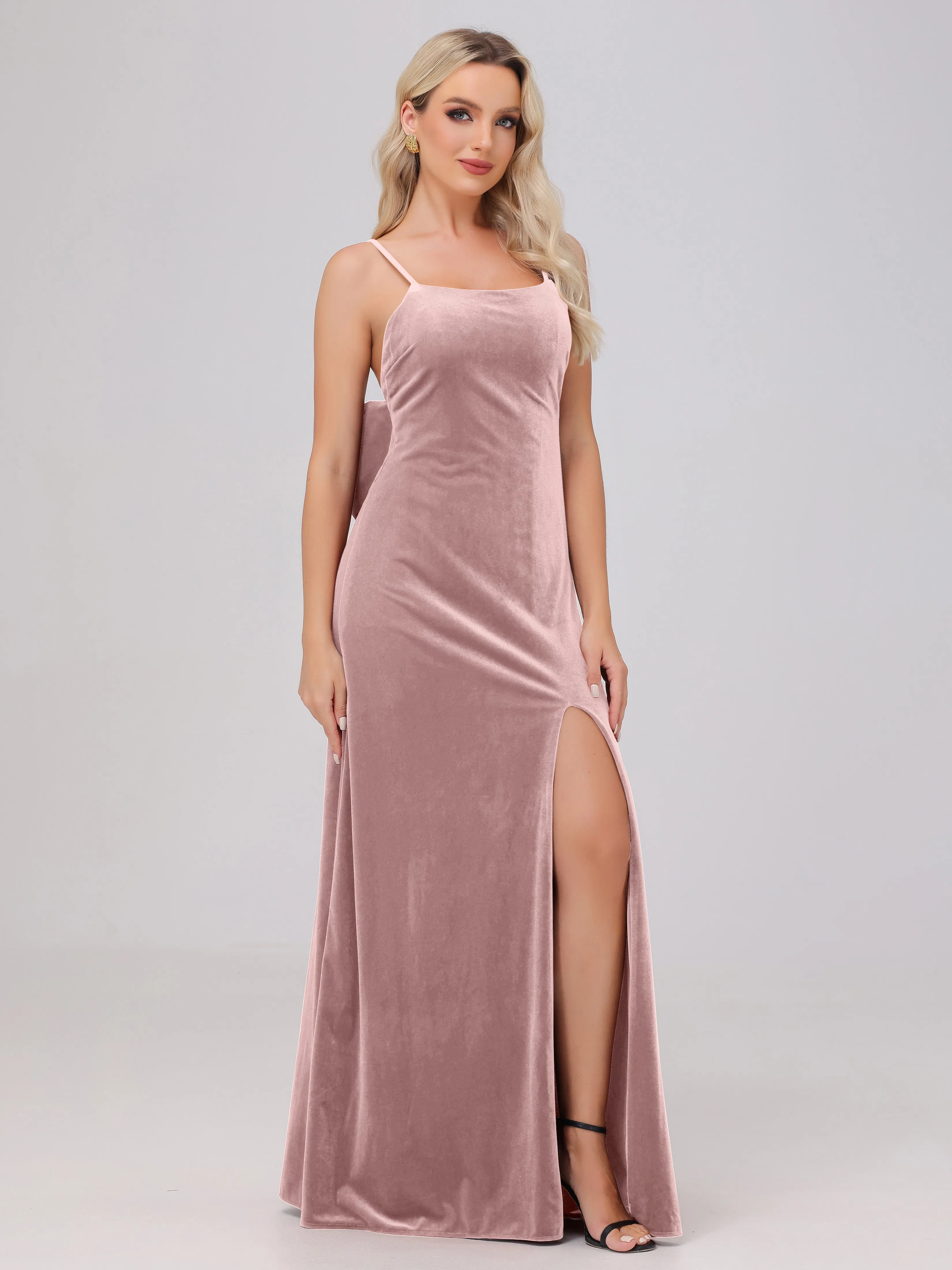 Spaghetti Straps Sleeveless Long Velvet Bridesmaid Dresses With Split