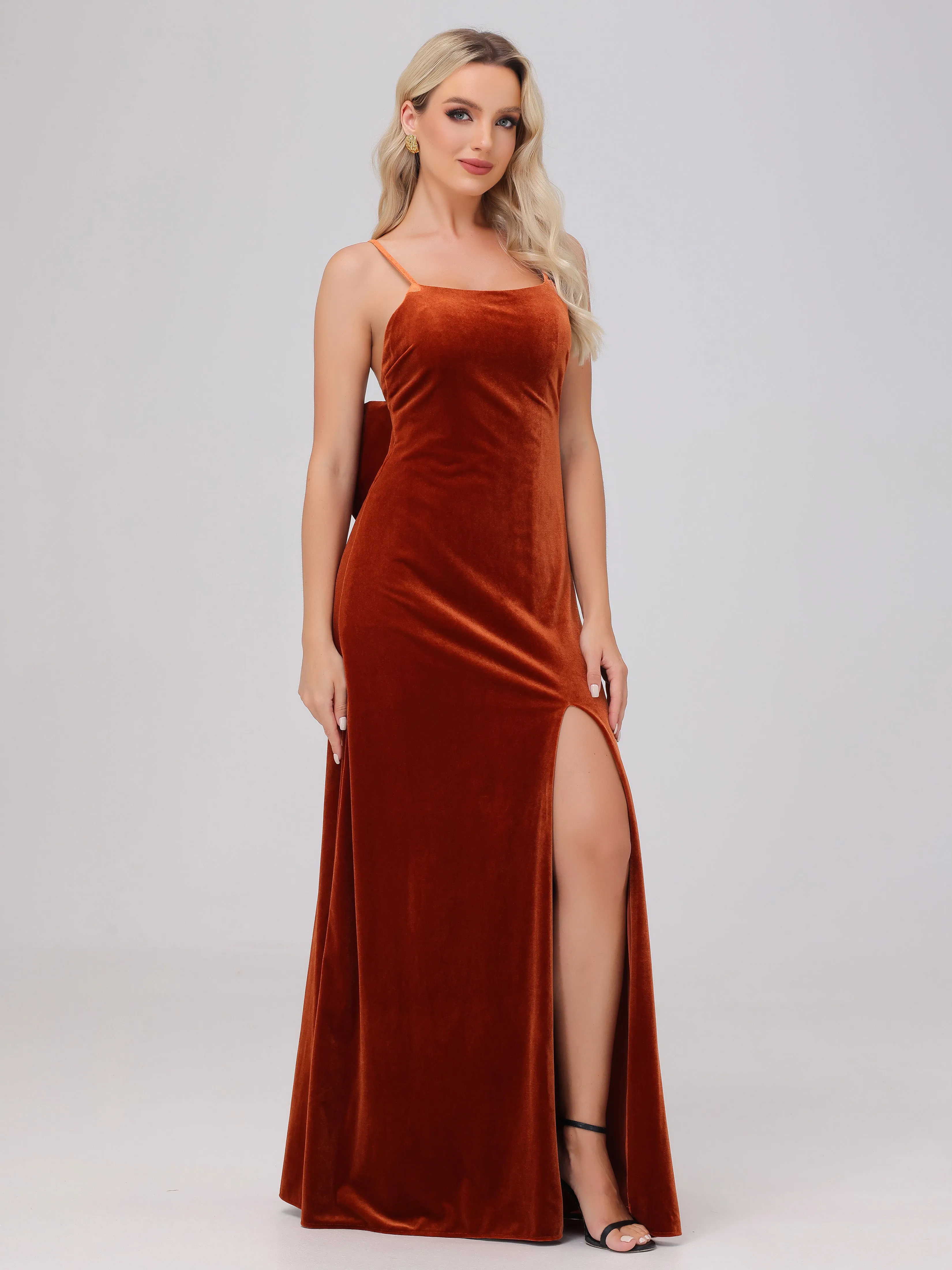 Spaghetti Straps Sleeveless Long Velvet Bridesmaid Dresses With Split