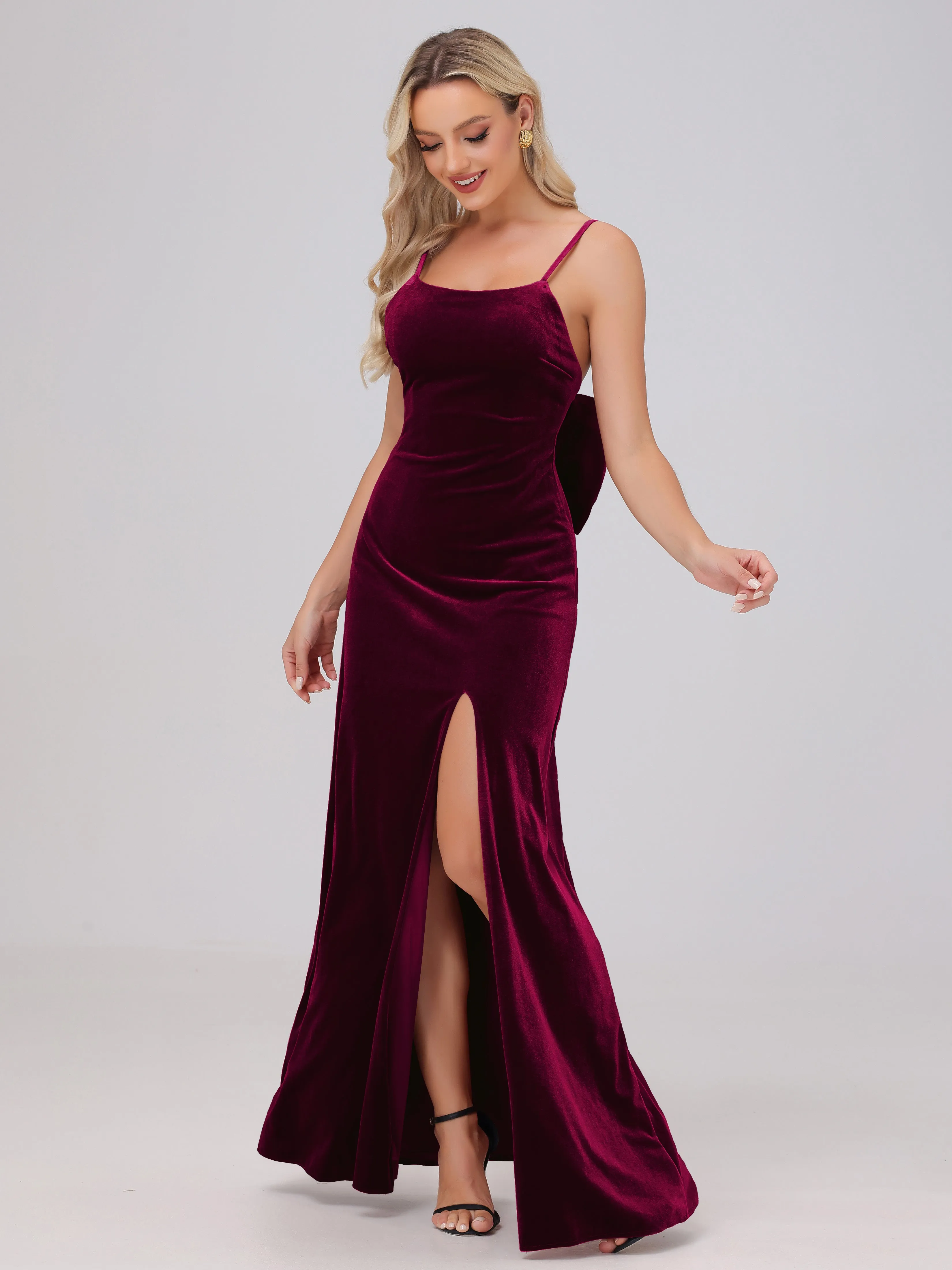 Spaghetti Straps Sleeveless Long Velvet Bridesmaid Dresses With Split