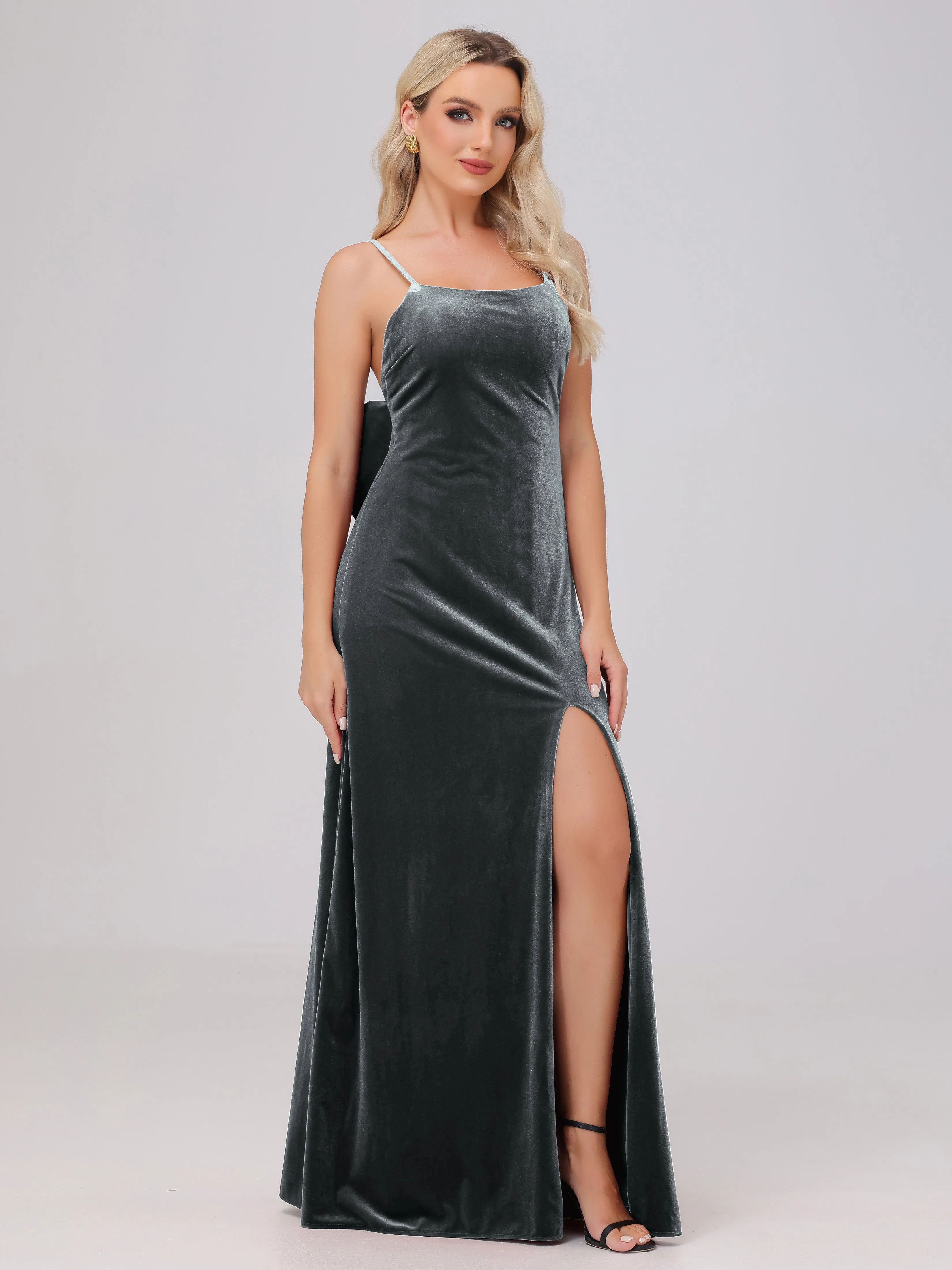 Spaghetti Straps Sleeveless Long Velvet Bridesmaid Dresses With Split