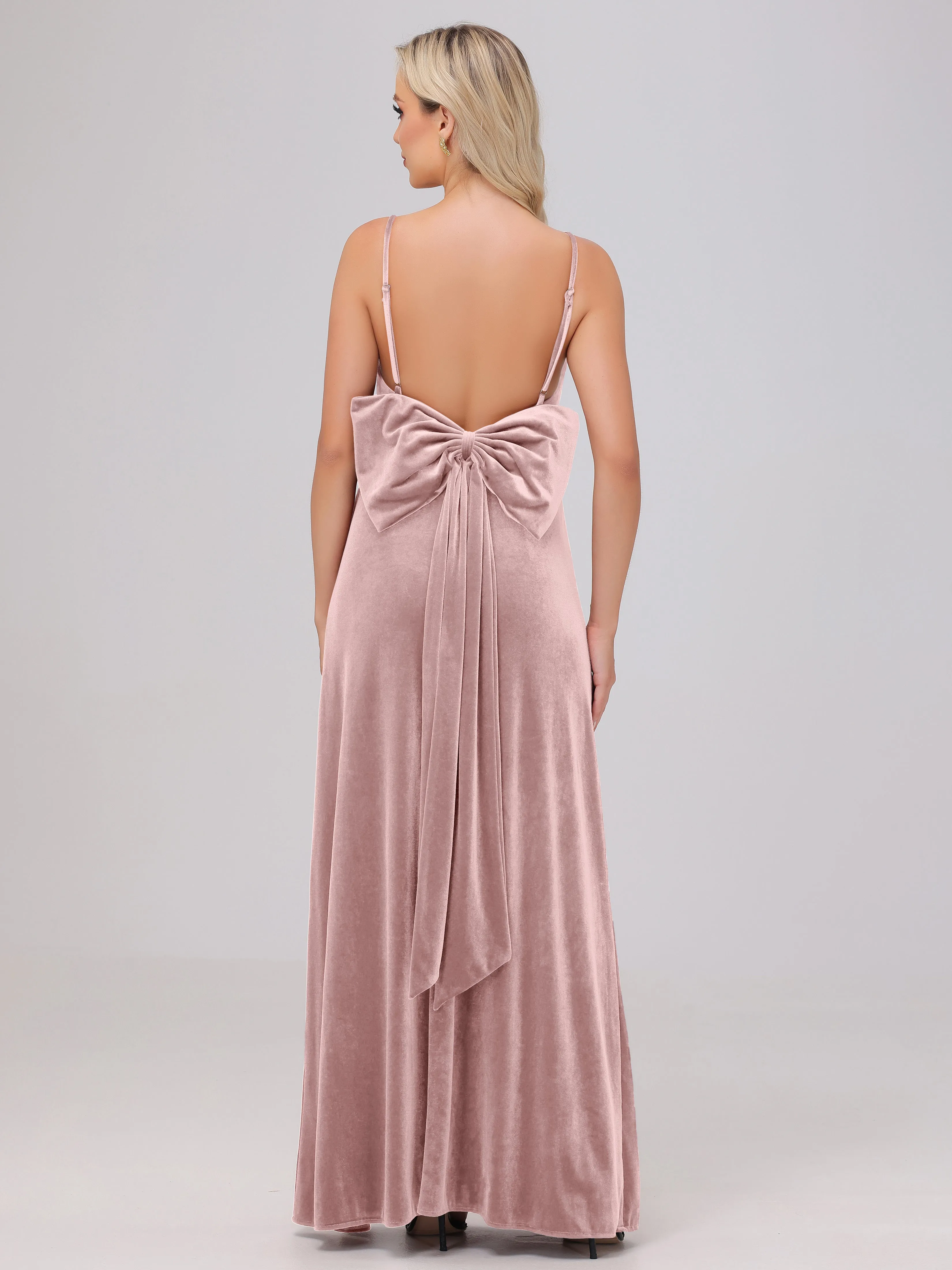 Spaghetti Straps Sleeveless Long Velvet Bridesmaid Dresses With Split