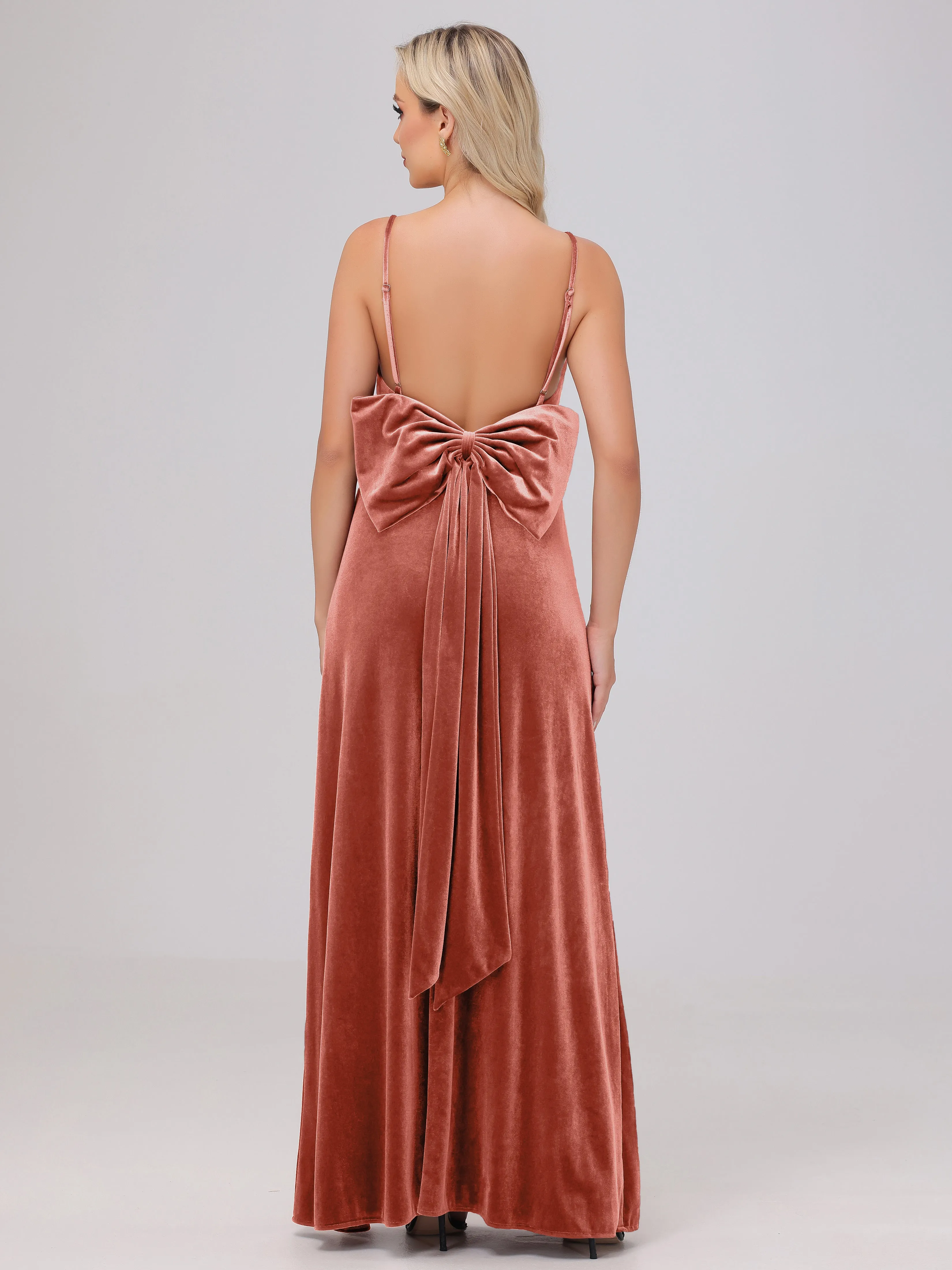 Spaghetti Straps Sleeveless Long Velvet Bridesmaid Dresses With Split