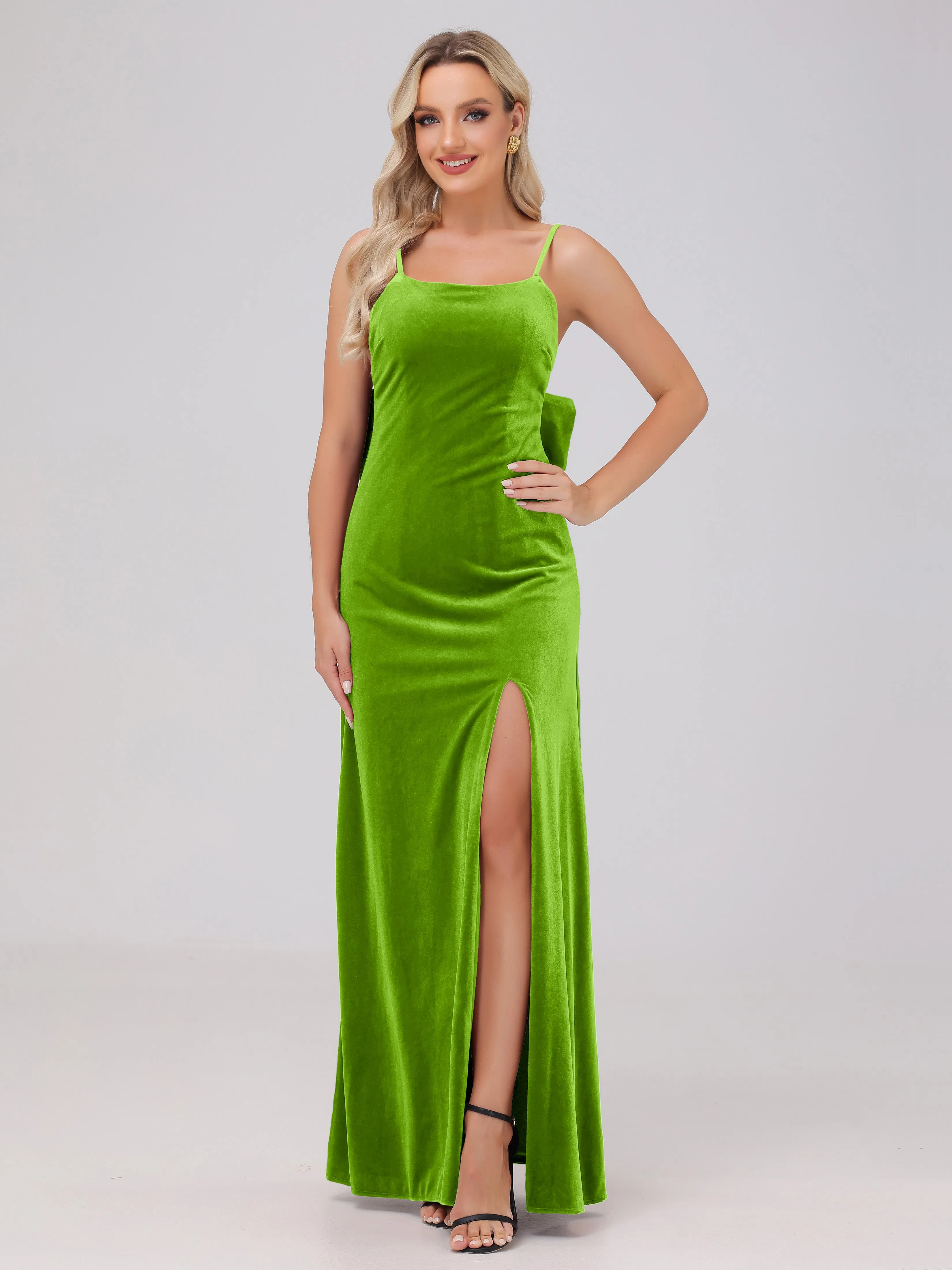 Spaghetti Straps Sleeveless Long Velvet Bridesmaid Dresses With Split