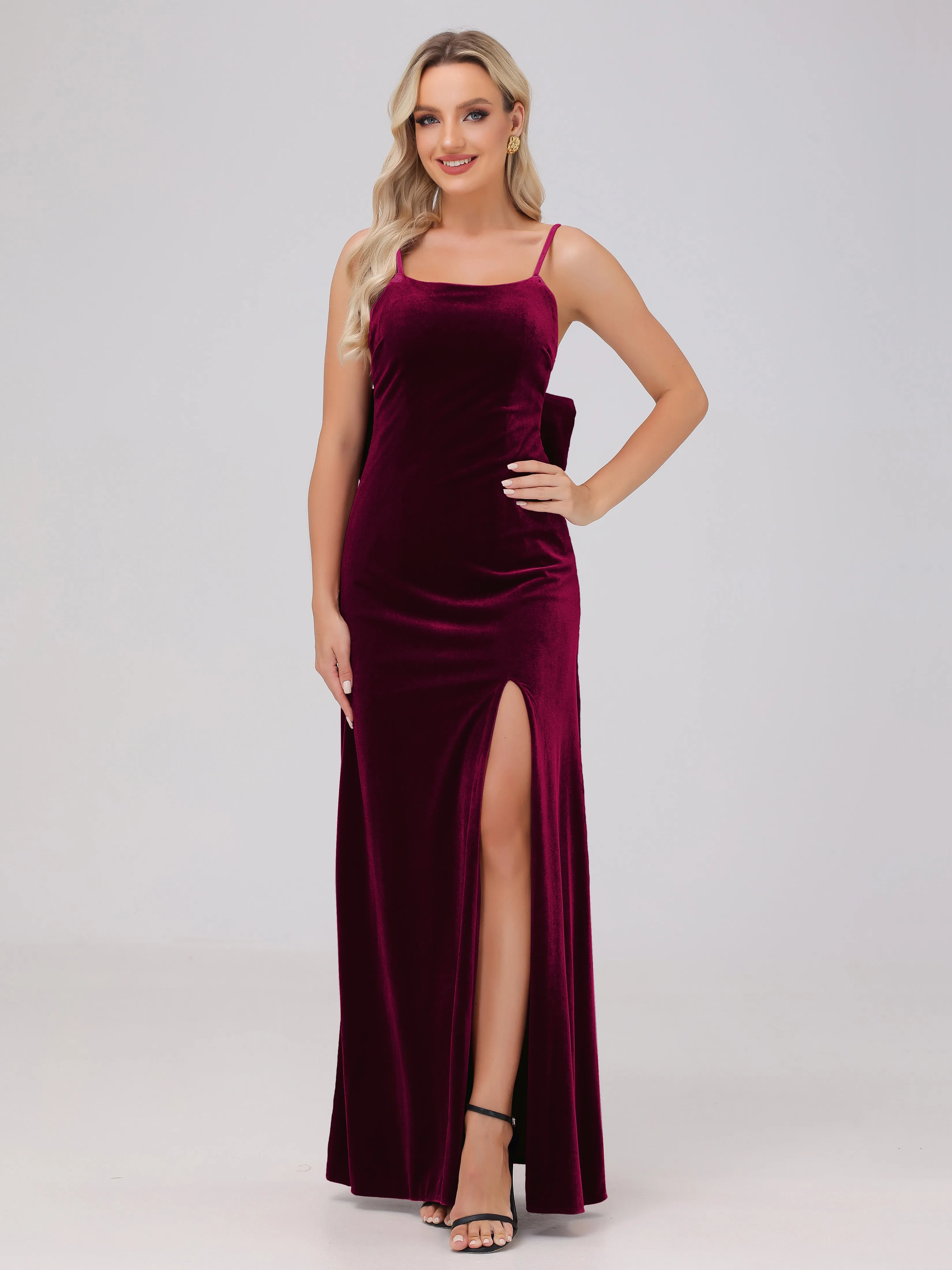 Spaghetti Straps Sleeveless Long Velvet Bridesmaid Dresses With Split