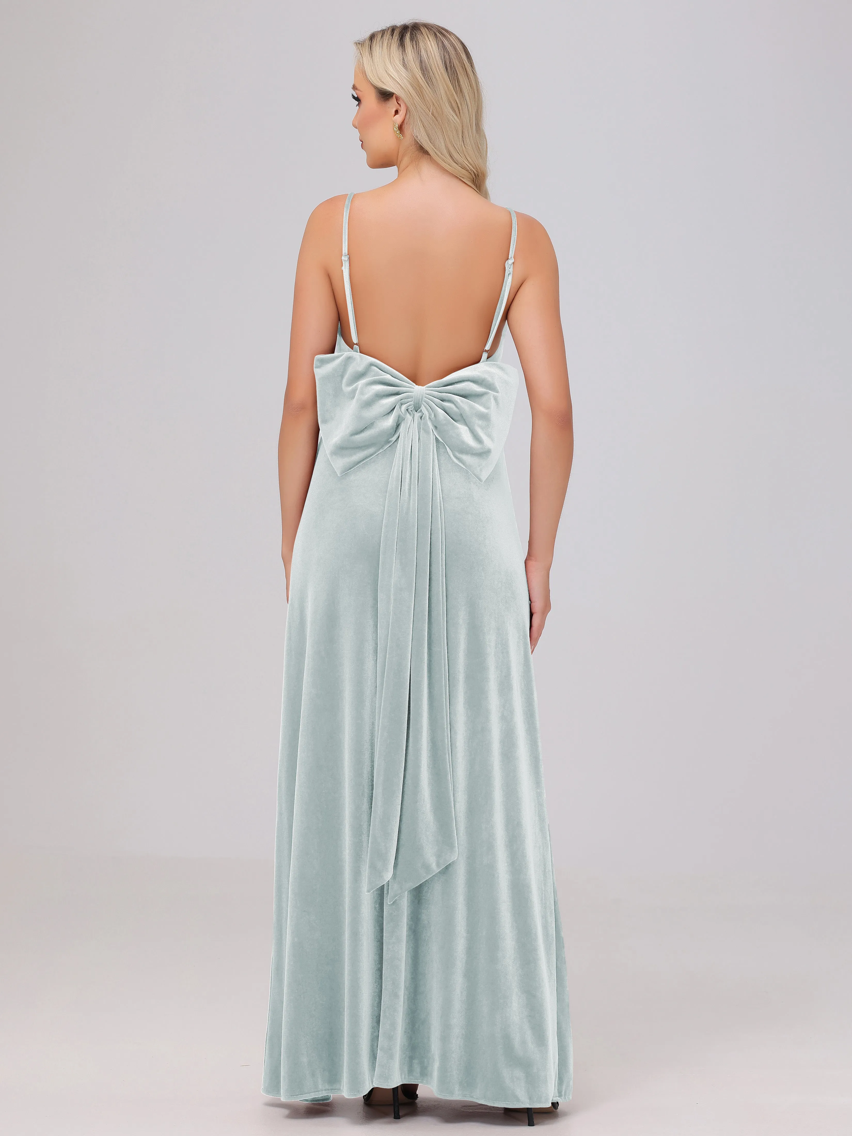 Spaghetti Straps Sleeveless Long Velvet Bridesmaid Dresses With Split