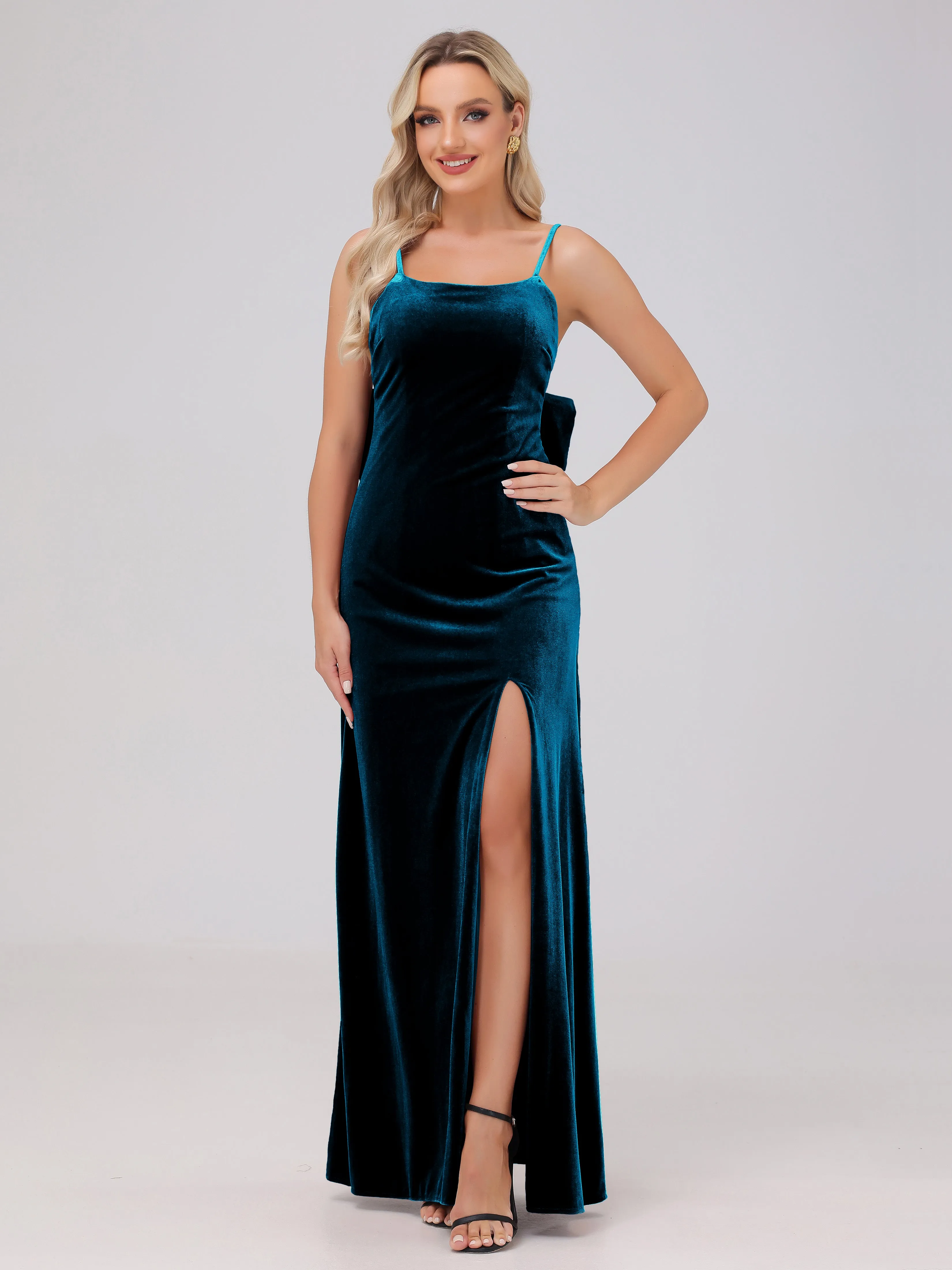 Spaghetti Straps Sleeveless Long Velvet Bridesmaid Dresses With Split