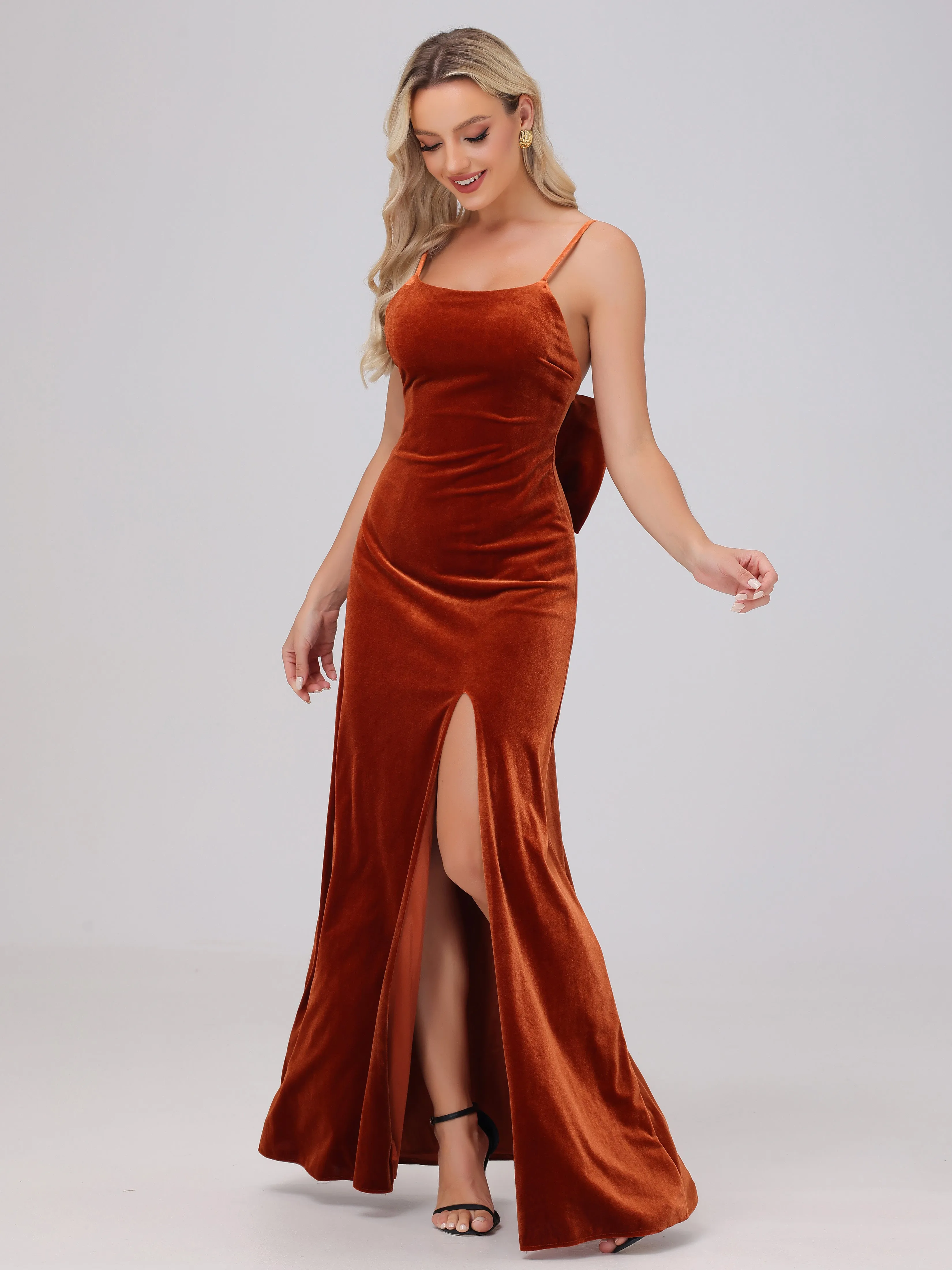 Spaghetti Straps Sleeveless Long Velvet Bridesmaid Dresses With Split