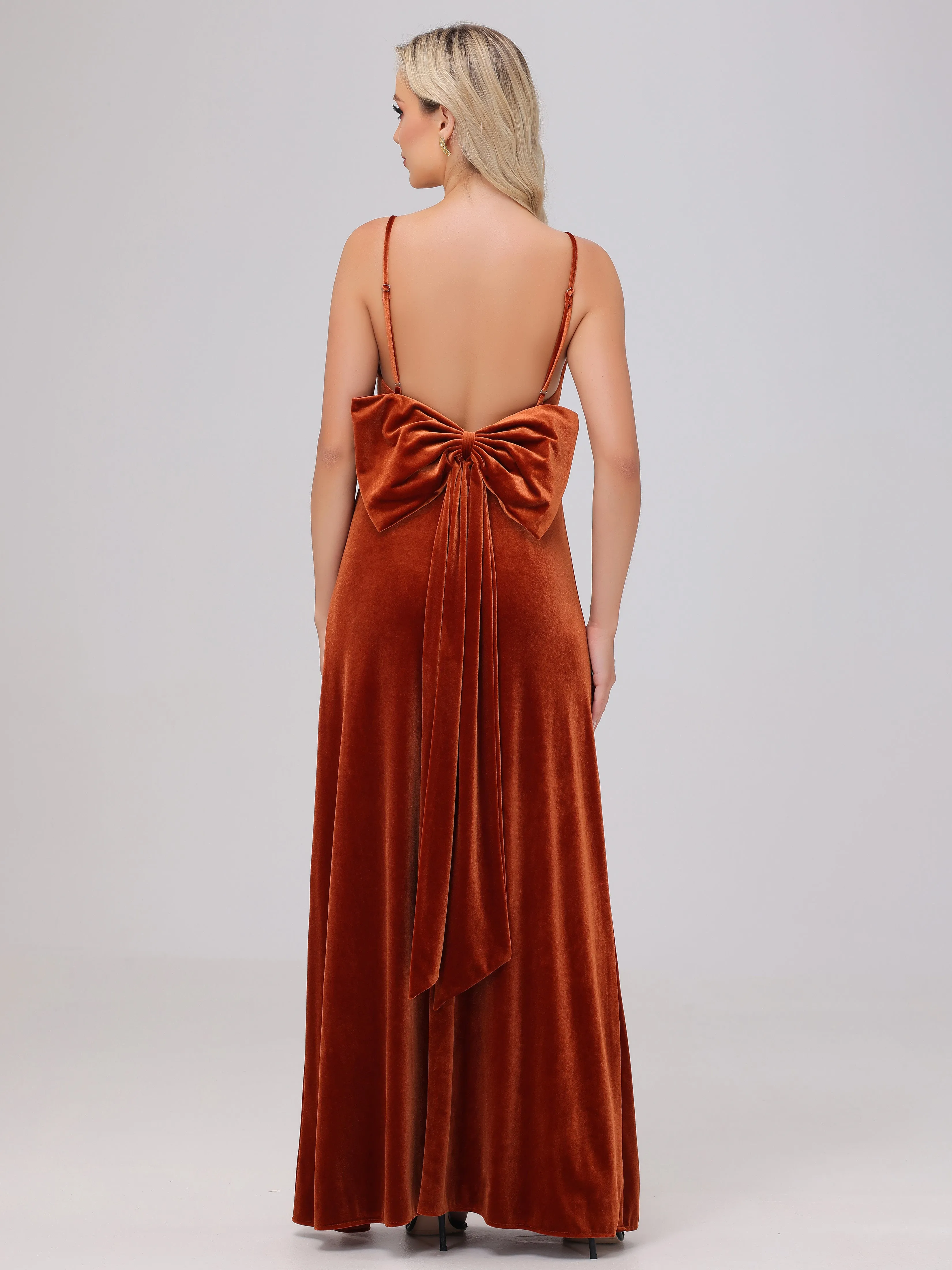 Spaghetti Straps Sleeveless Long Velvet Bridesmaid Dresses With Split