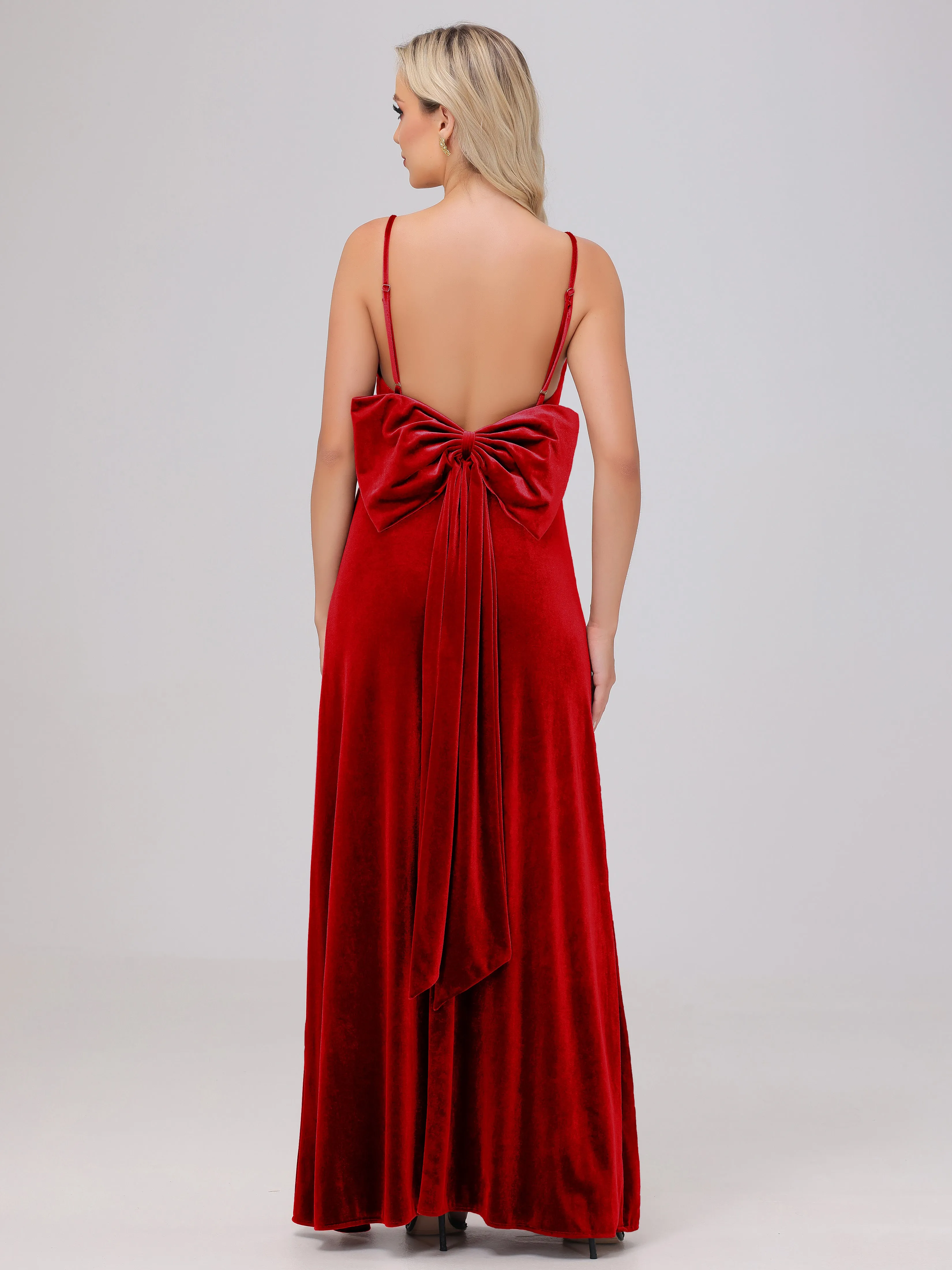 Spaghetti Straps Sleeveless Long Velvet Bridesmaid Dresses With Split