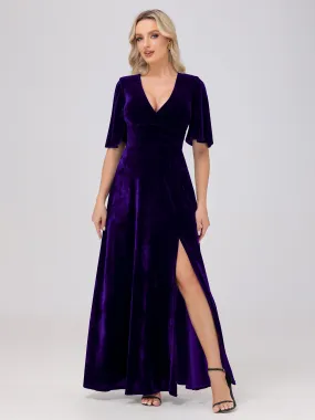 V-Neck Short Sleeves Long Velvet Bridesmaid Dresses With Split