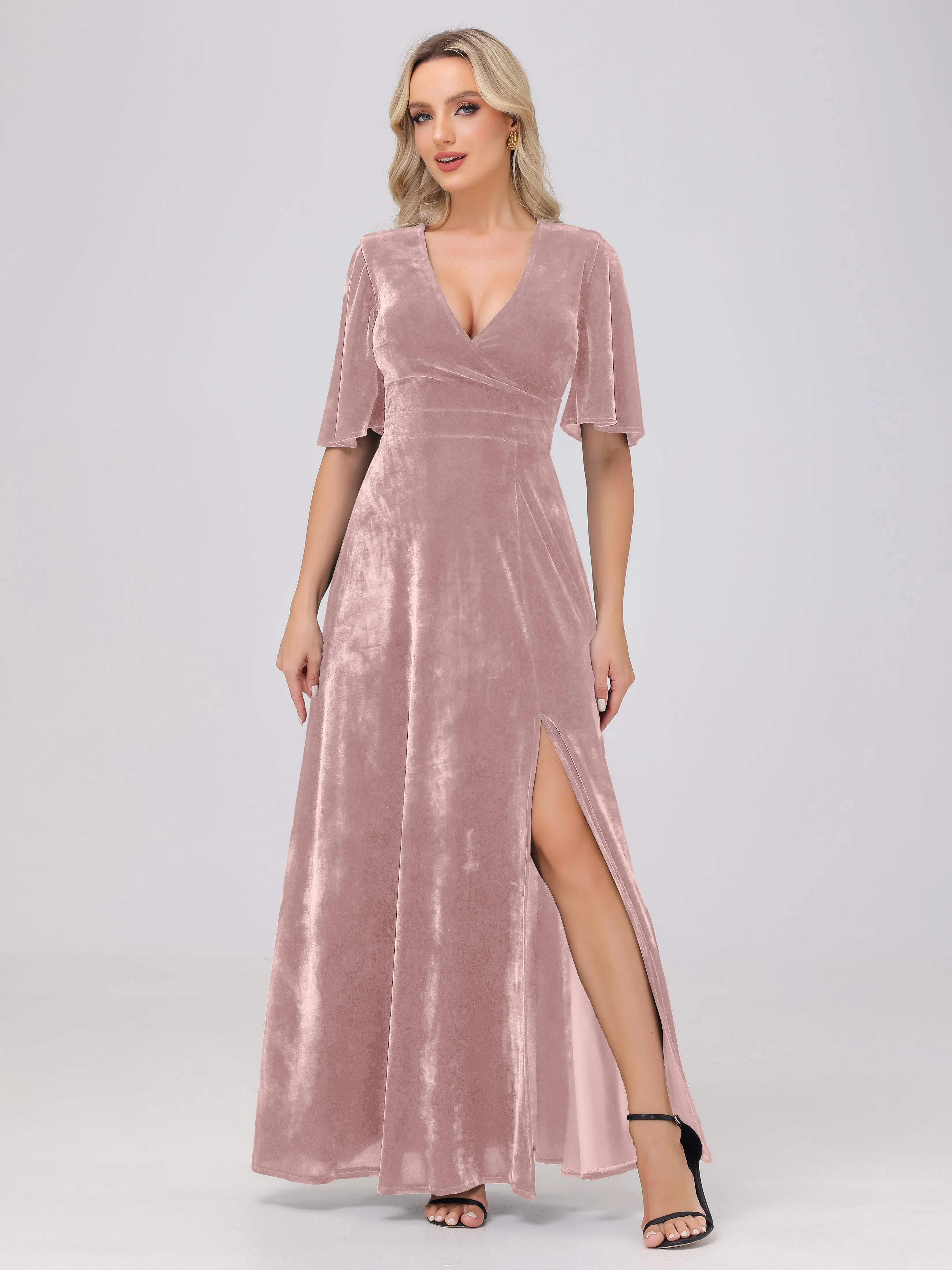 V-Neck Short Sleeves Long Velvet Bridesmaid Dresses With Split