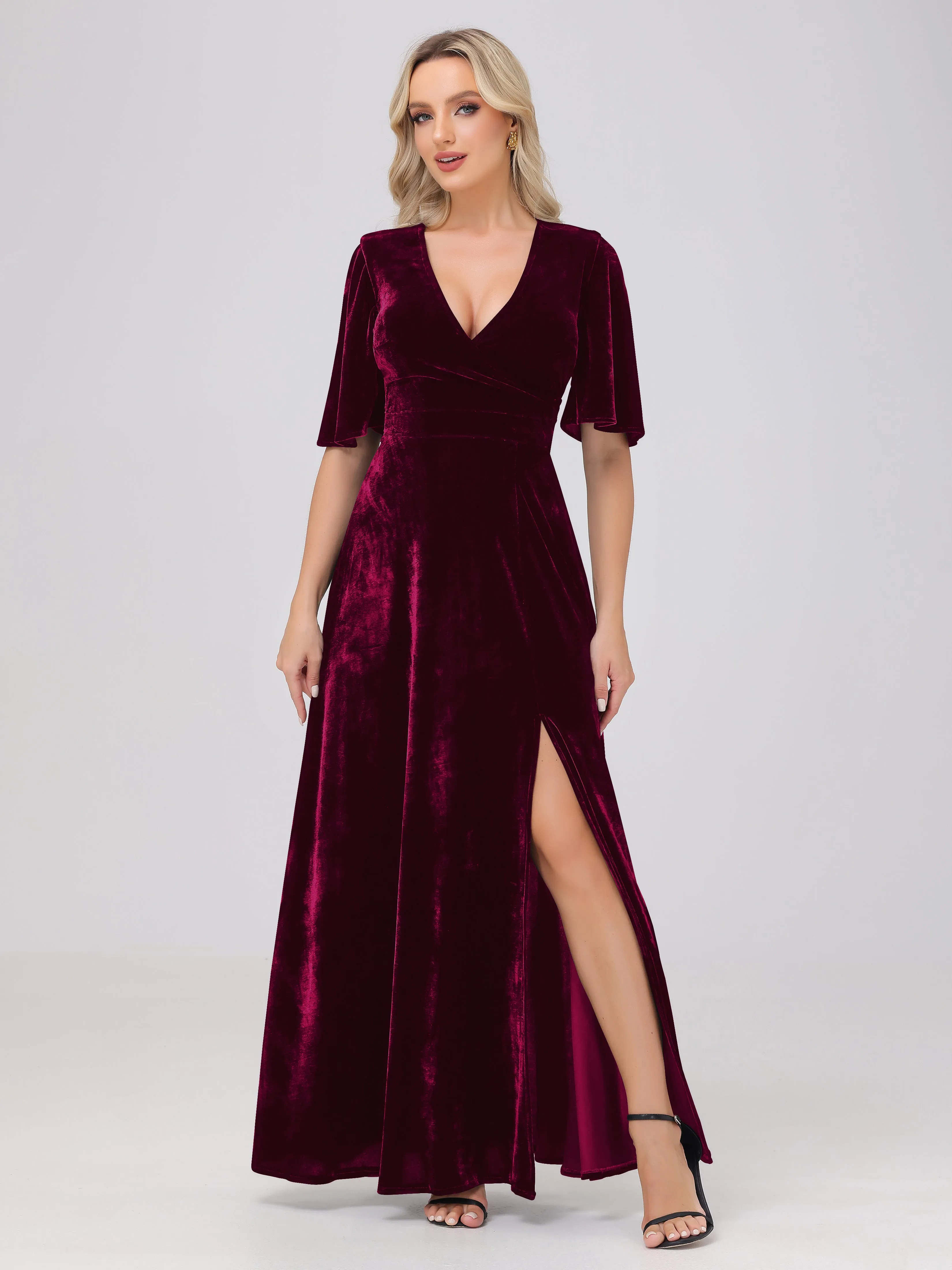 V-Neck Short Sleeves Long Velvet Bridesmaid Dresses With Split