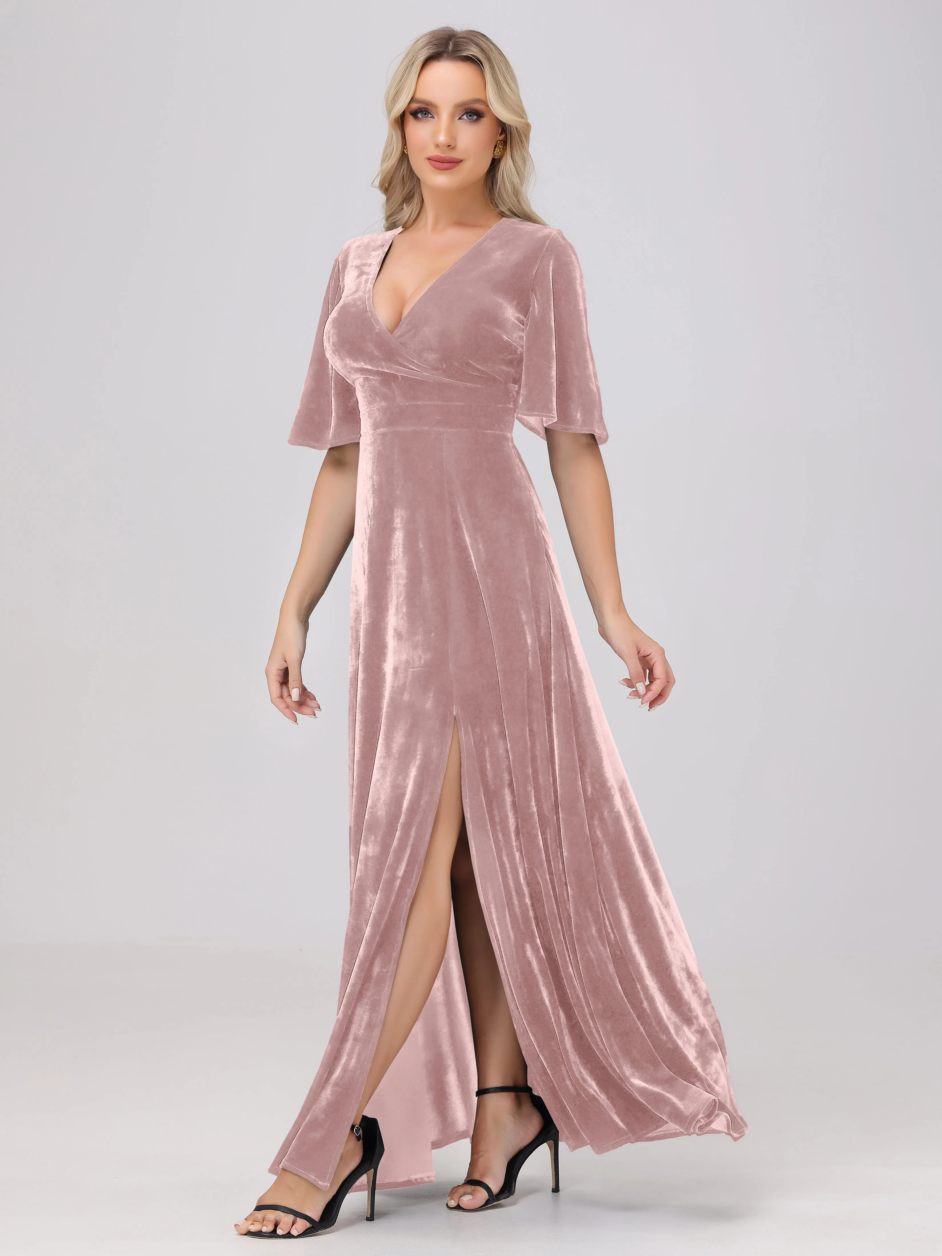 V-Neck Short Sleeves Long Velvet Bridesmaid Dresses With Split