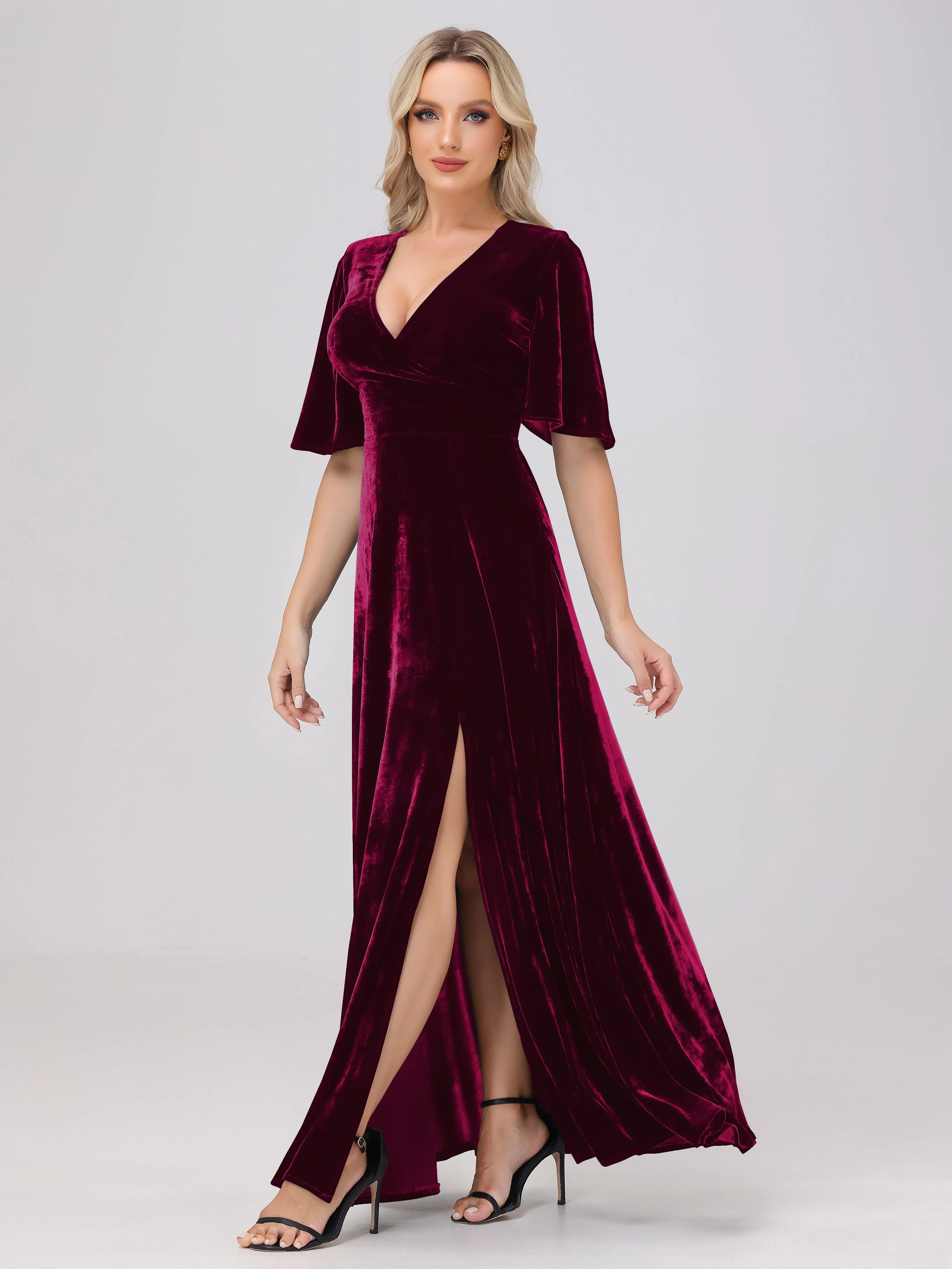 V-Neck Short Sleeves Long Velvet Bridesmaid Dresses With Split