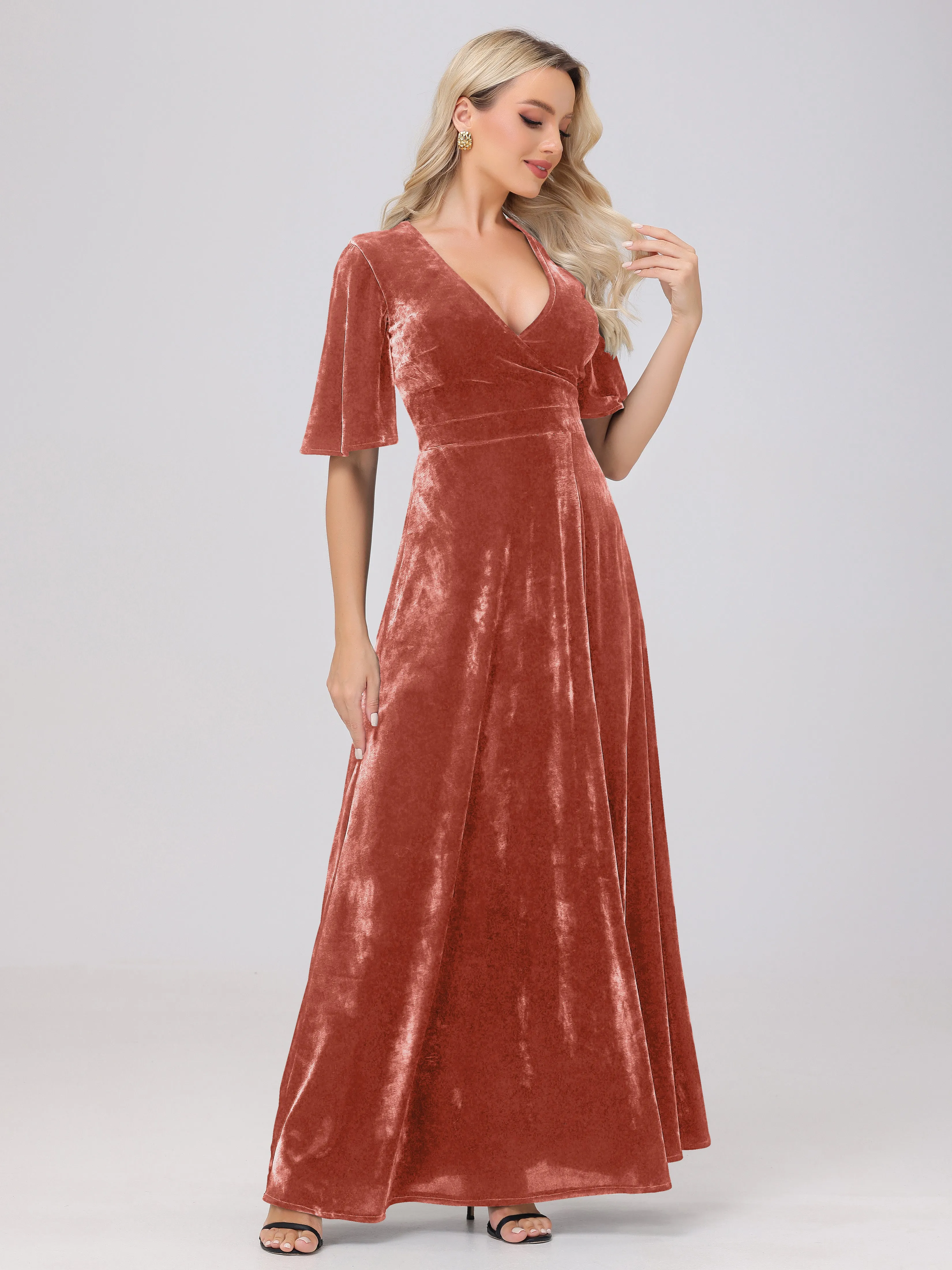 V-Neck Short Sleeves Long Velvet Bridesmaid Dresses With Split