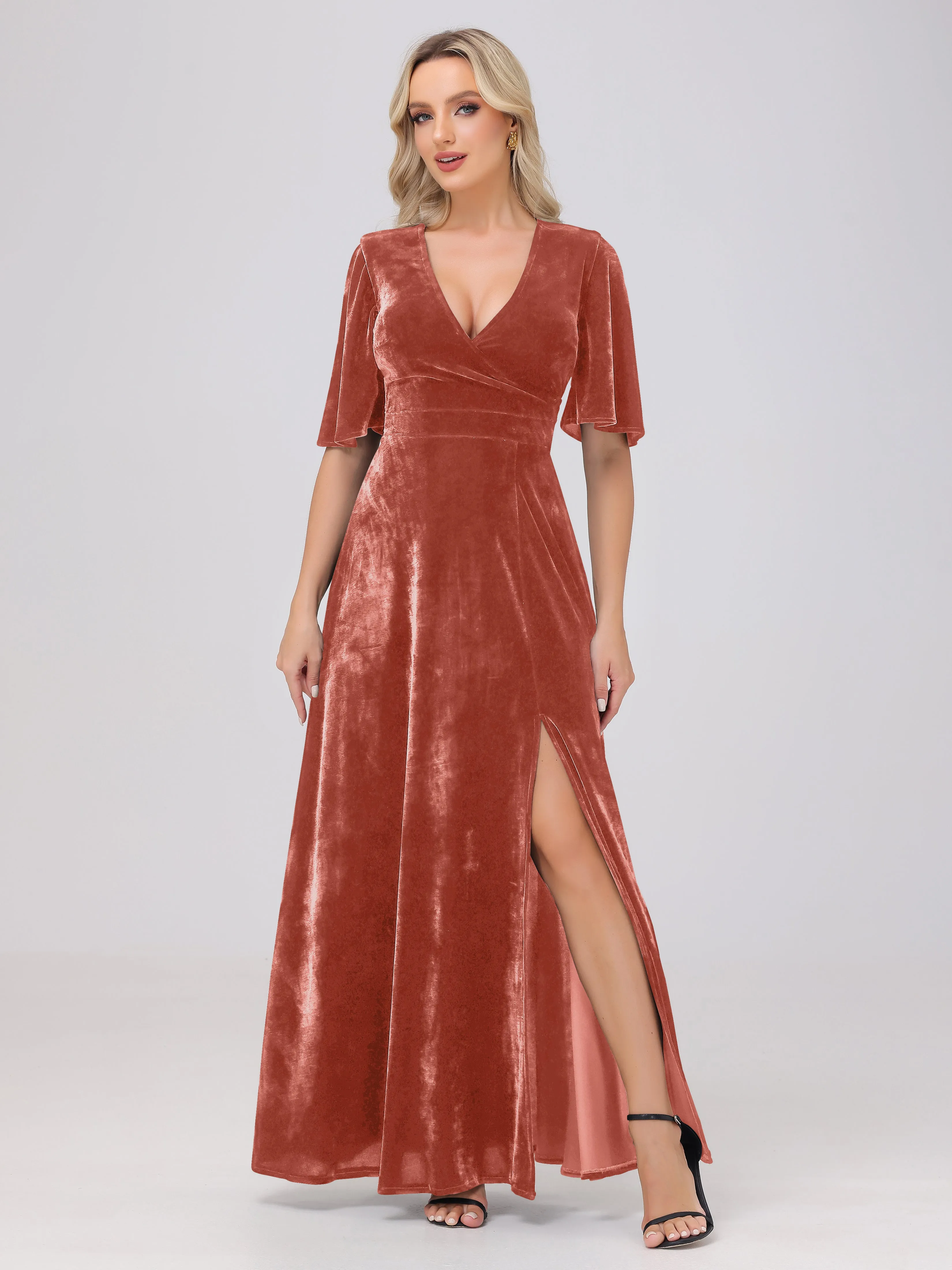 V-Neck Short Sleeves Long Velvet Bridesmaid Dresses With Split