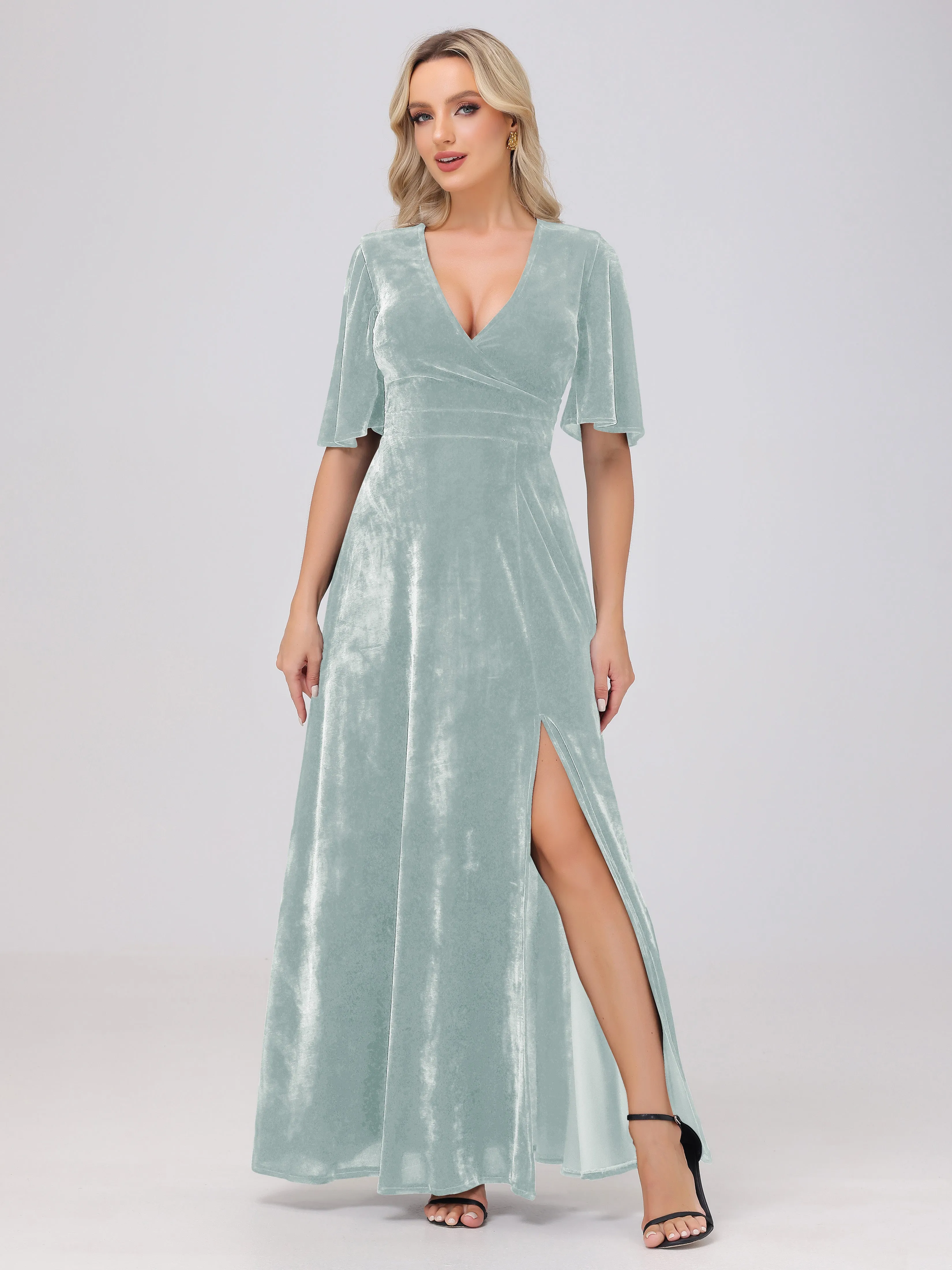 V-Neck Short Sleeves Long Velvet Bridesmaid Dresses With Split