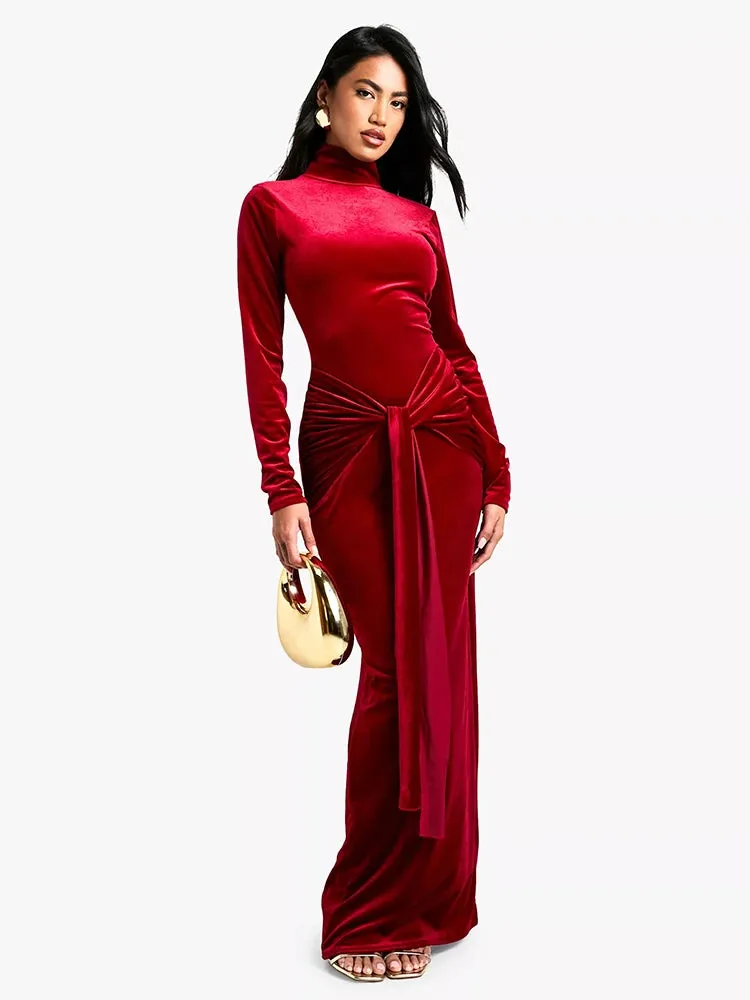 Velvet High Neck Knot Evening Gown for Winter Events