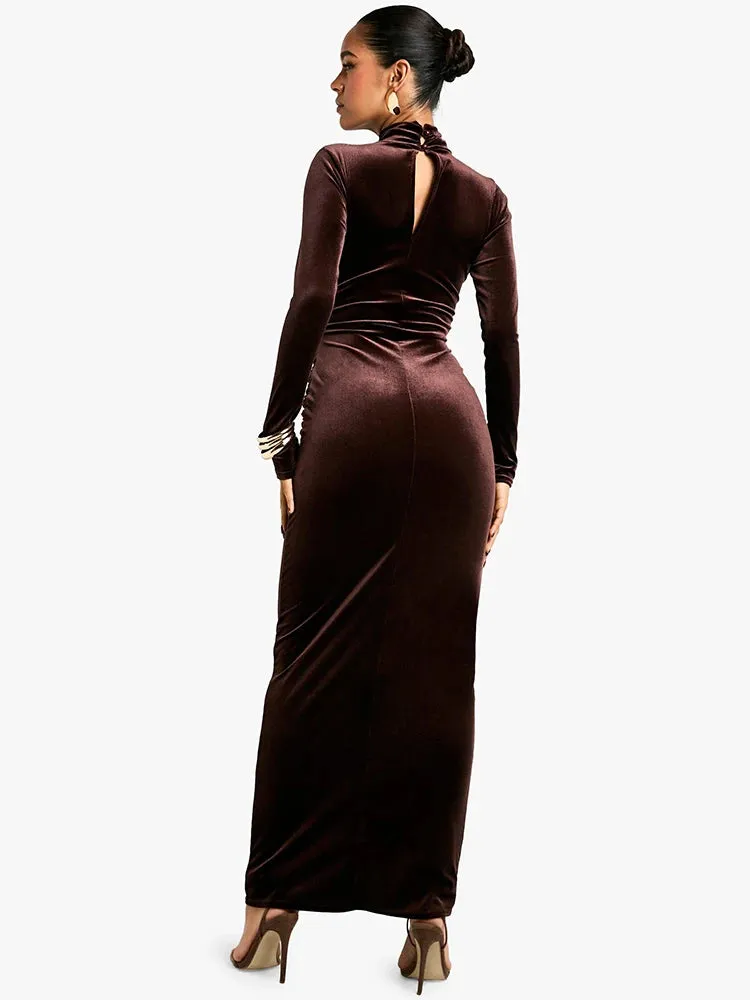 Velvet High Neck Knot Evening Gown for Winter Events