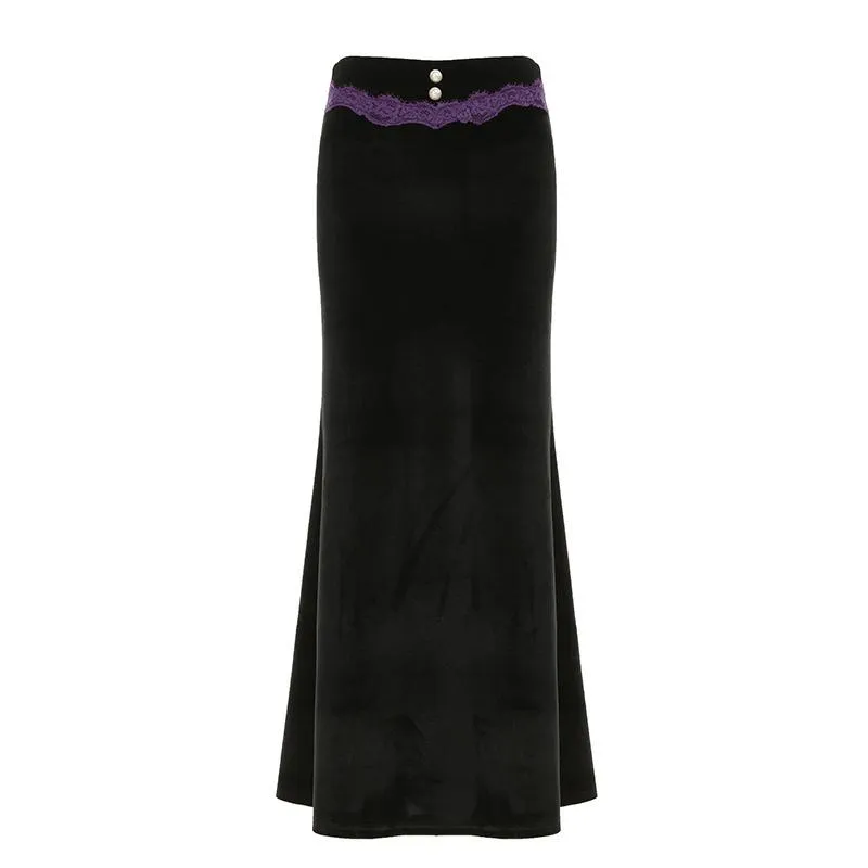 Velvet lace hem beaded maxi skirt