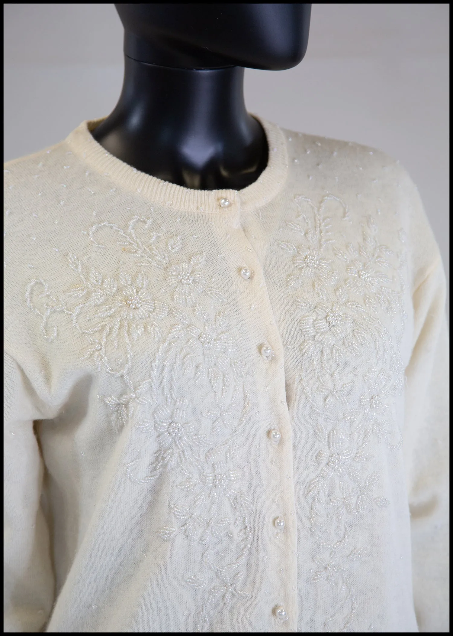 Vintage 1980s Ivory Beaded Wool Cardigan