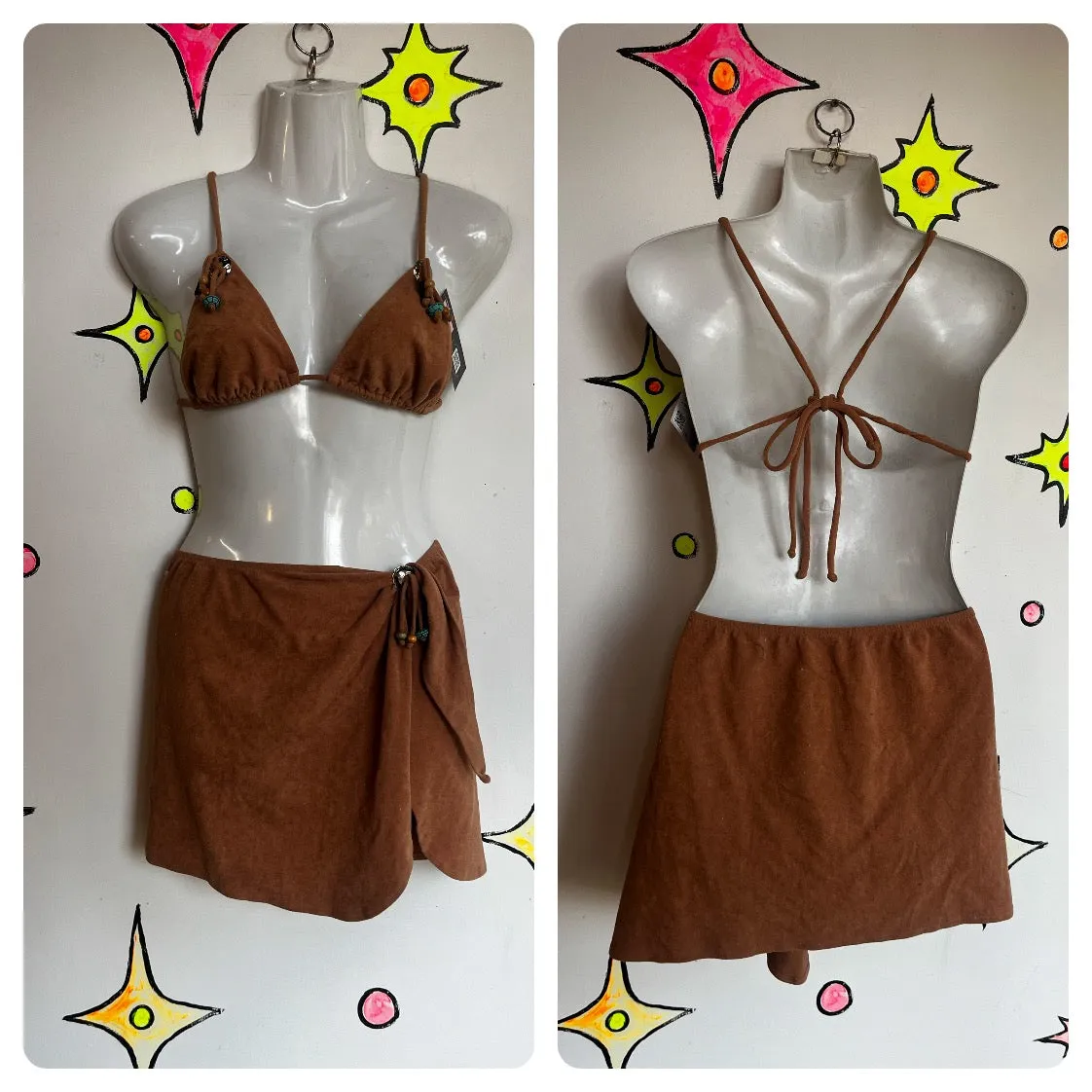 Vintage Y2K Tan Faux Suede Beaded Fringe Bikini Top & Mini Skirt Set | One Size