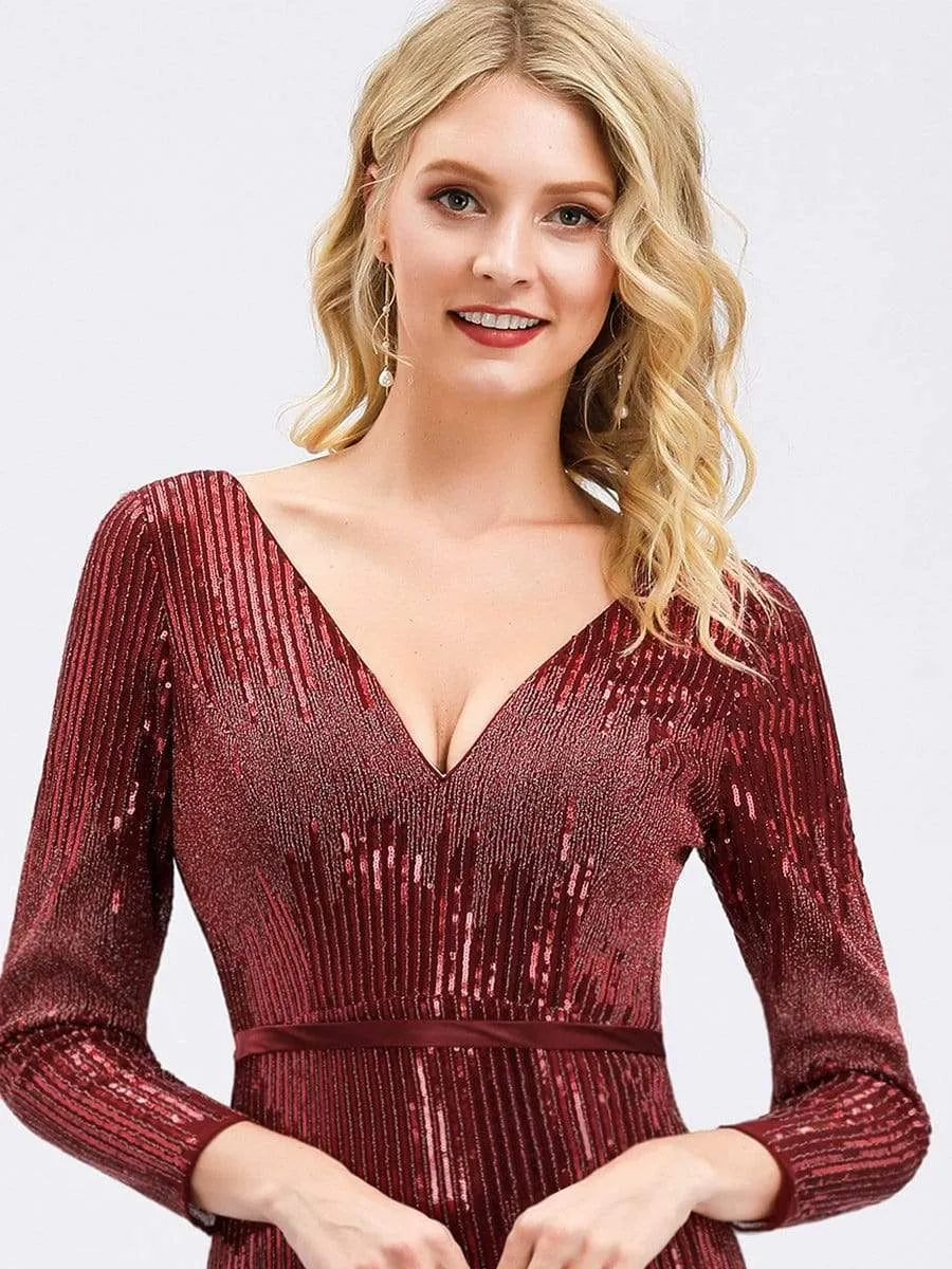 Women's Deep V-Neck Sequin Evening Dress with Long Sleeve