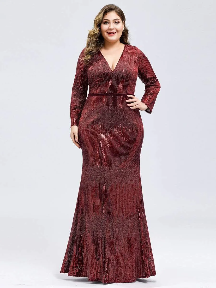 Women's Deep V-Neck Sequin Evening Dress with Long Sleeve