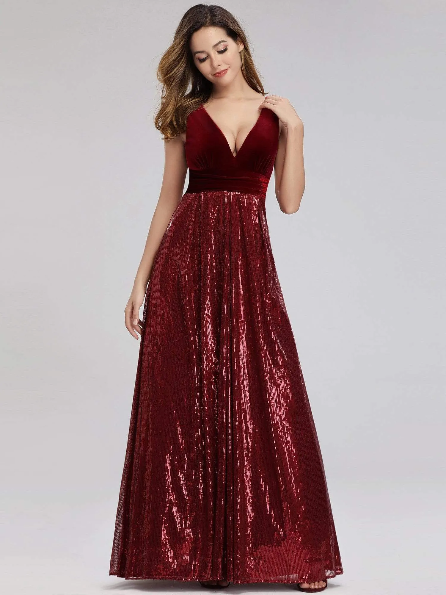 Women's V-Neck Sequins Patchwork Maxi Long Evening Party Dress