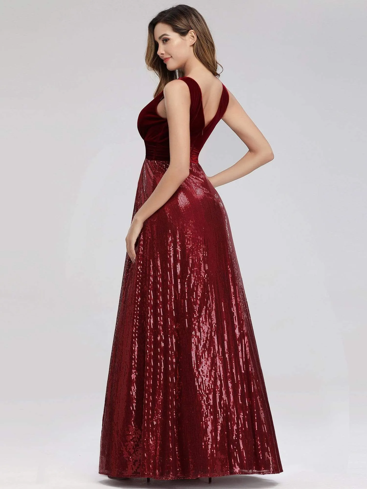 Women's V-Neck Sequins Patchwork Maxi Long Evening Party Dress