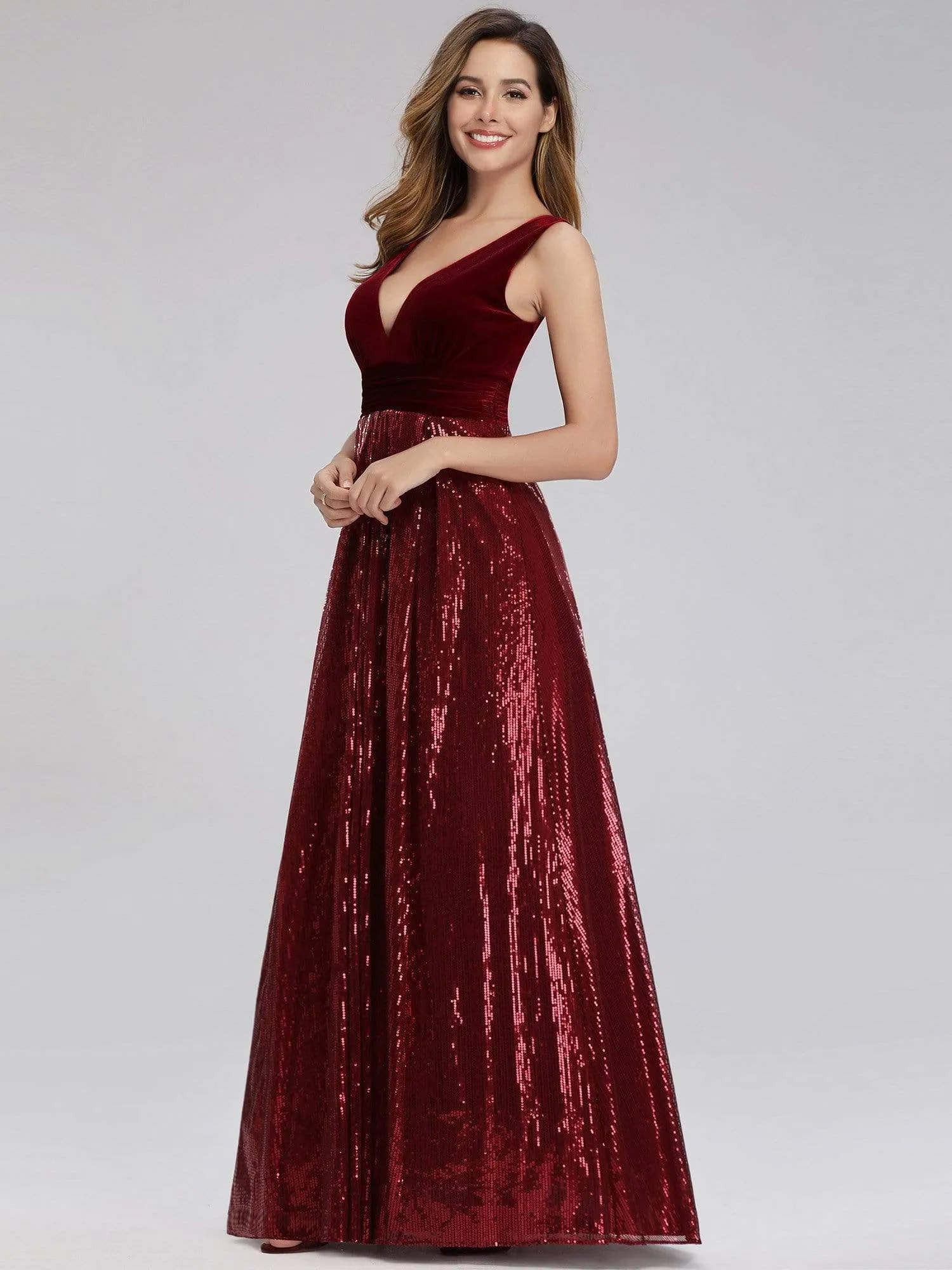 Women's V-Neck Sequins Patchwork Maxi Long Evening Party Dress