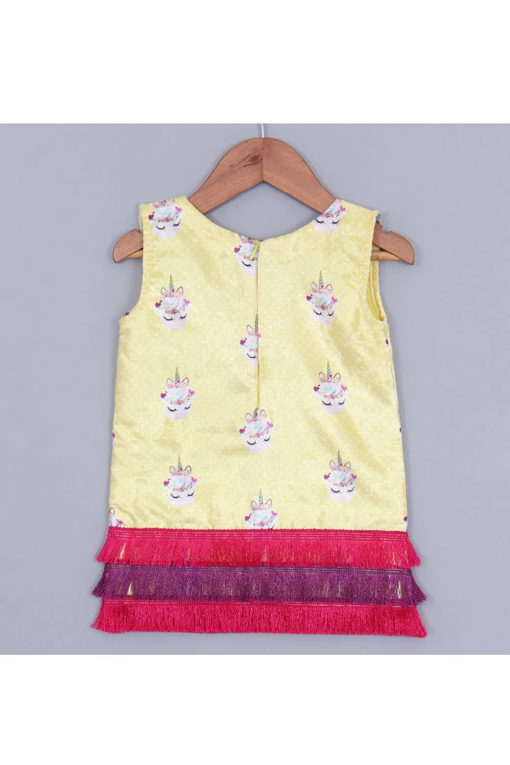 Yellow Unicorn Printed Velvet Sleeveless Dress